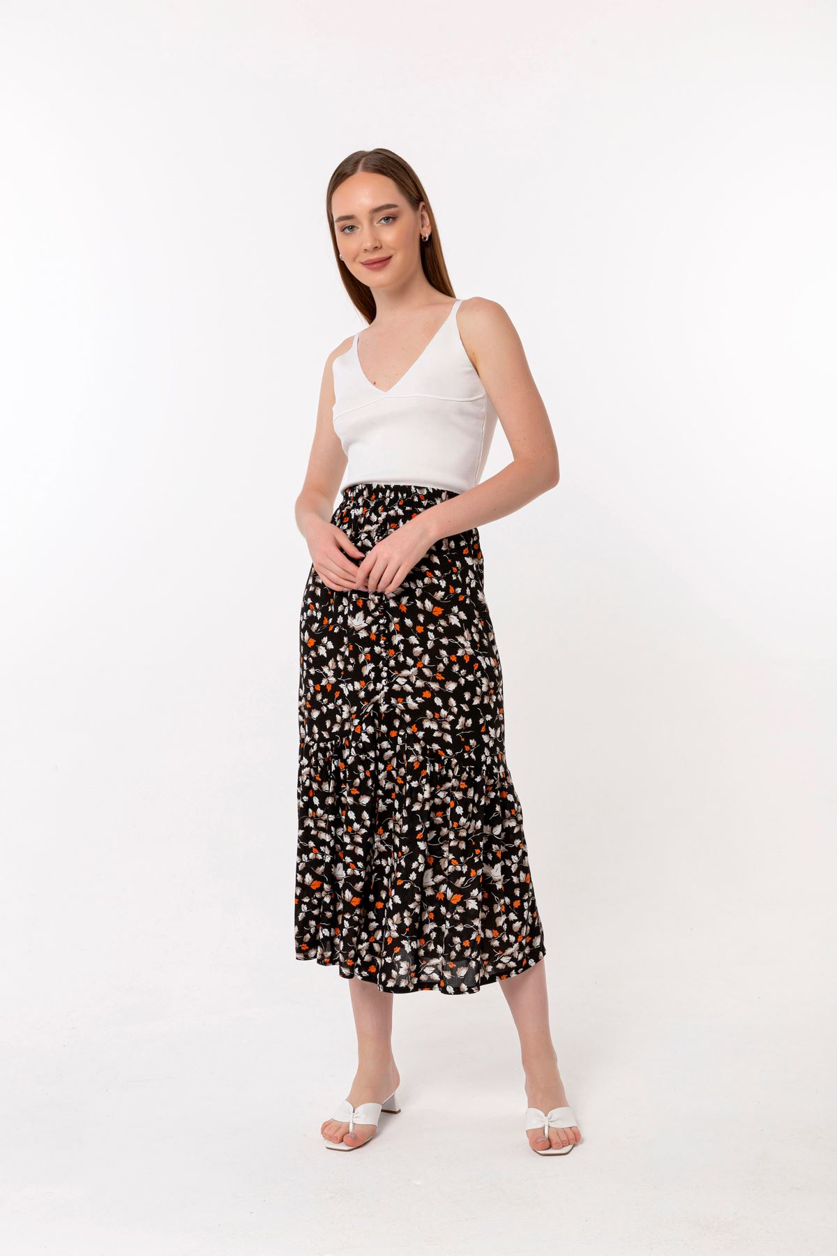 Viscose Fabric Comfy Fit Leaf Print Midi Skirt - Black