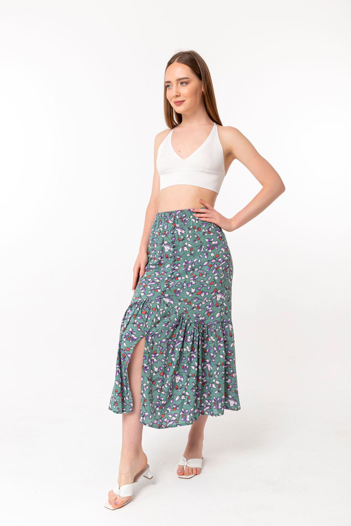 Viscose Fabric Comfy Fit Leaf Print Midi Skirt - Mint