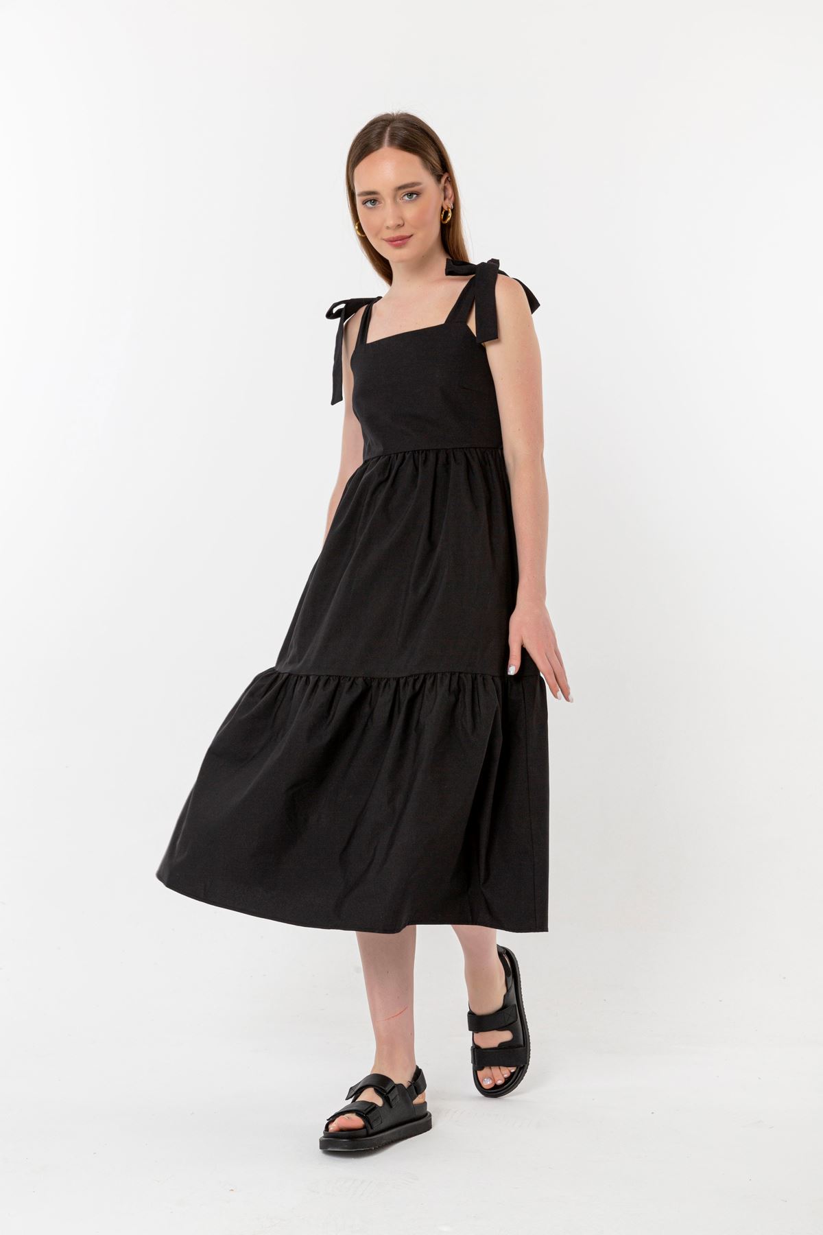 Мягкий ткань без рукавов французской длины женское платье - Чёрный