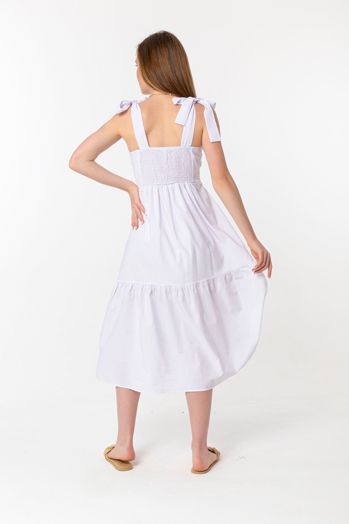 Soft Fabric Sleeveless Straped Shoulder Midi Long Women Dress - White