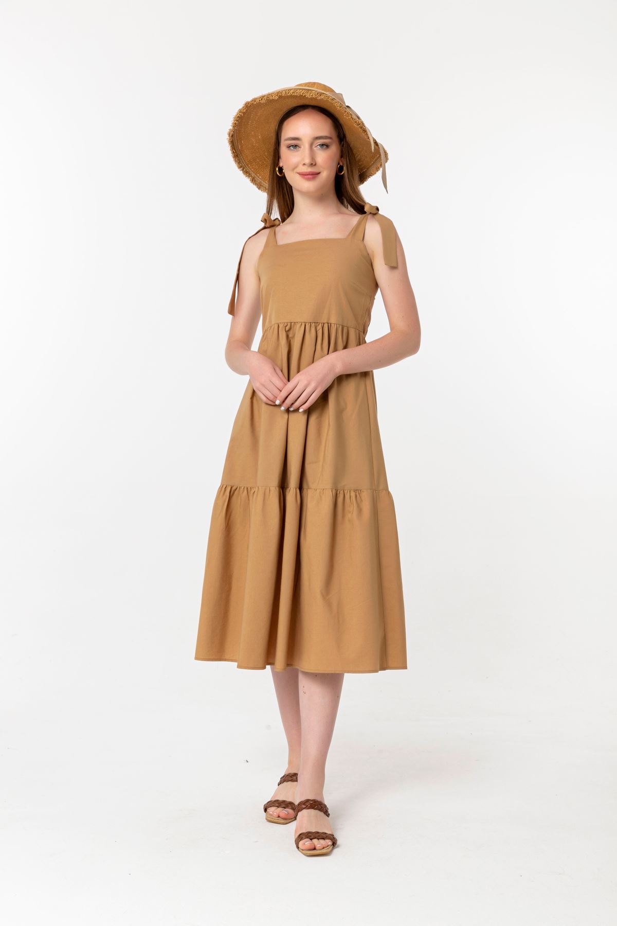 Soft Fabric Sleeveless Straped Shoulder Midi Long Women Dress - Light Brown