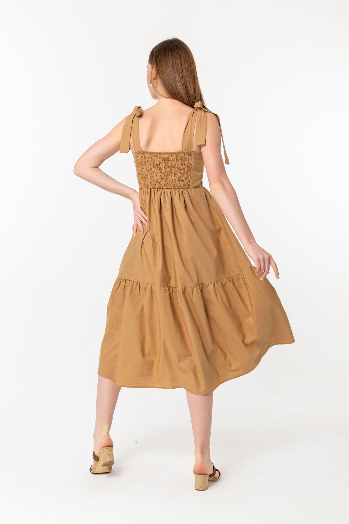 Мягкий ткань без рукавов французской длины женское платье - Светло коричневый