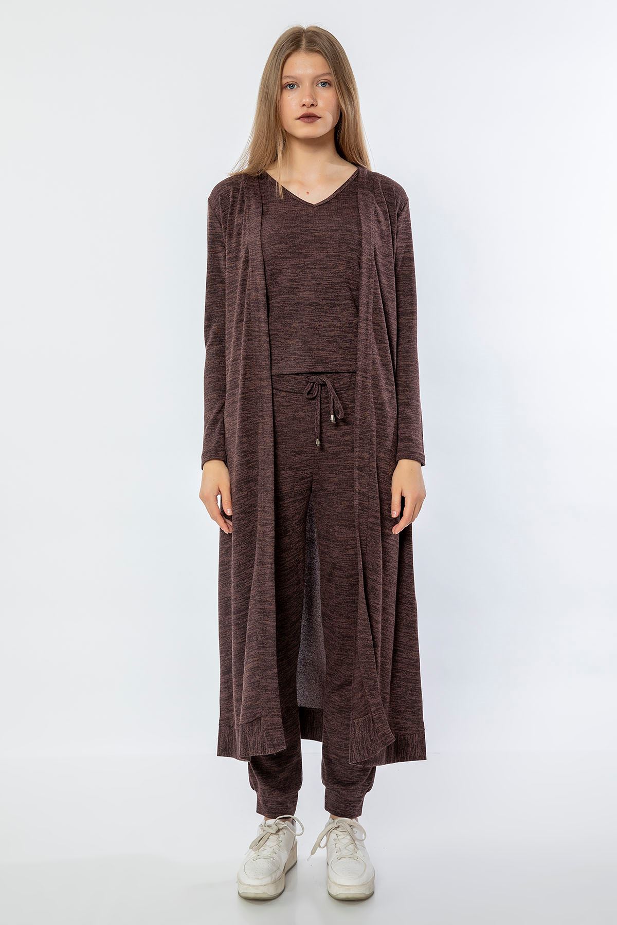 Melange Fabric Long Sleeve Bicycle Collar Midi Comfy Gray Women'S Set 3 Pieces - Brown