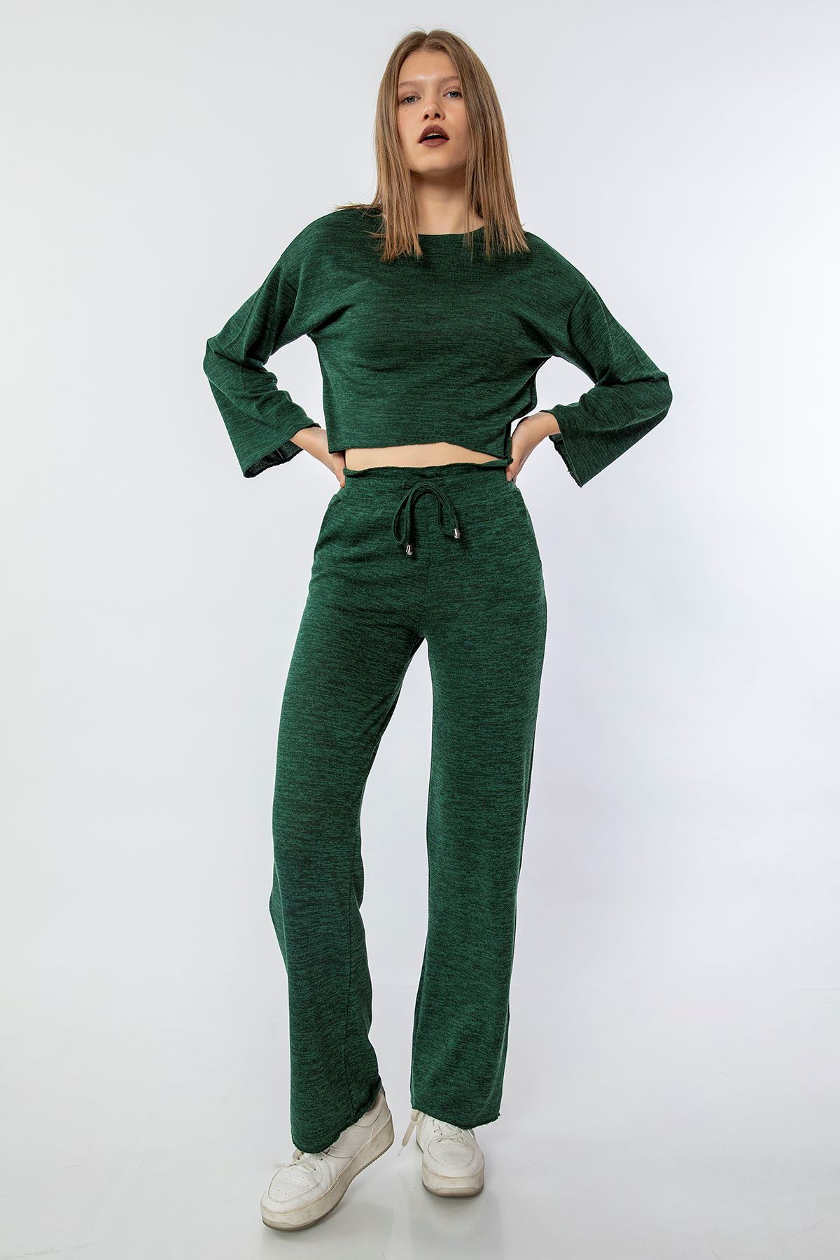 Melange Fabric Long Sleeve Bicycle Collar Long Wide Women'S Set - Emerald Green