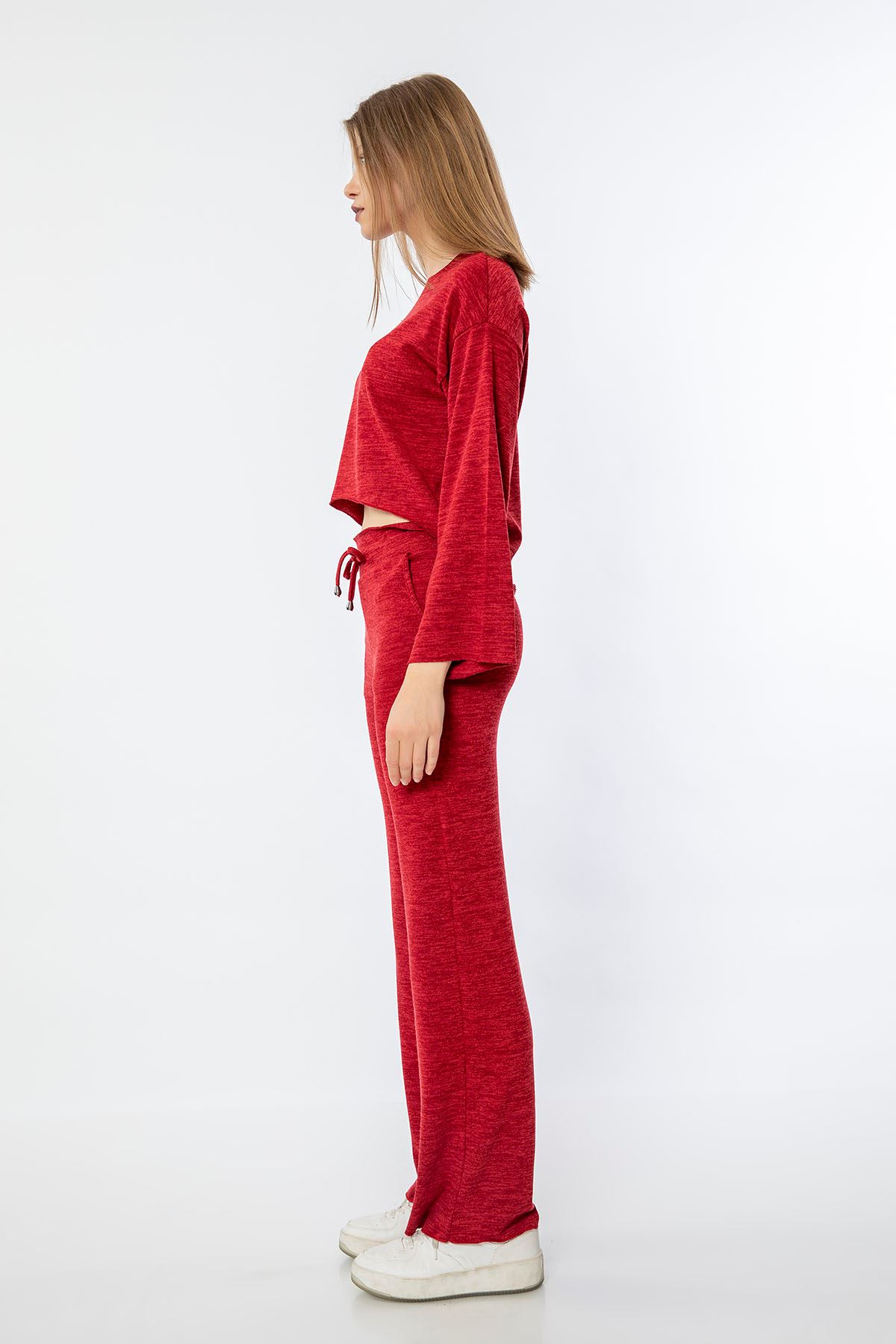 Melange Fabric Long Sleeve Bicycle Collar Long Wide Women'S Set - Red
