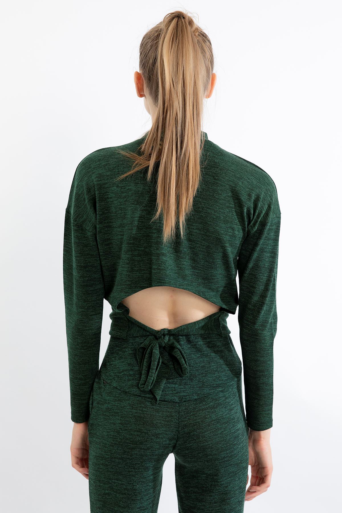 Вязаный Меланж ткань стойка воротник женская блузка - Изумрудный-Зелёный
