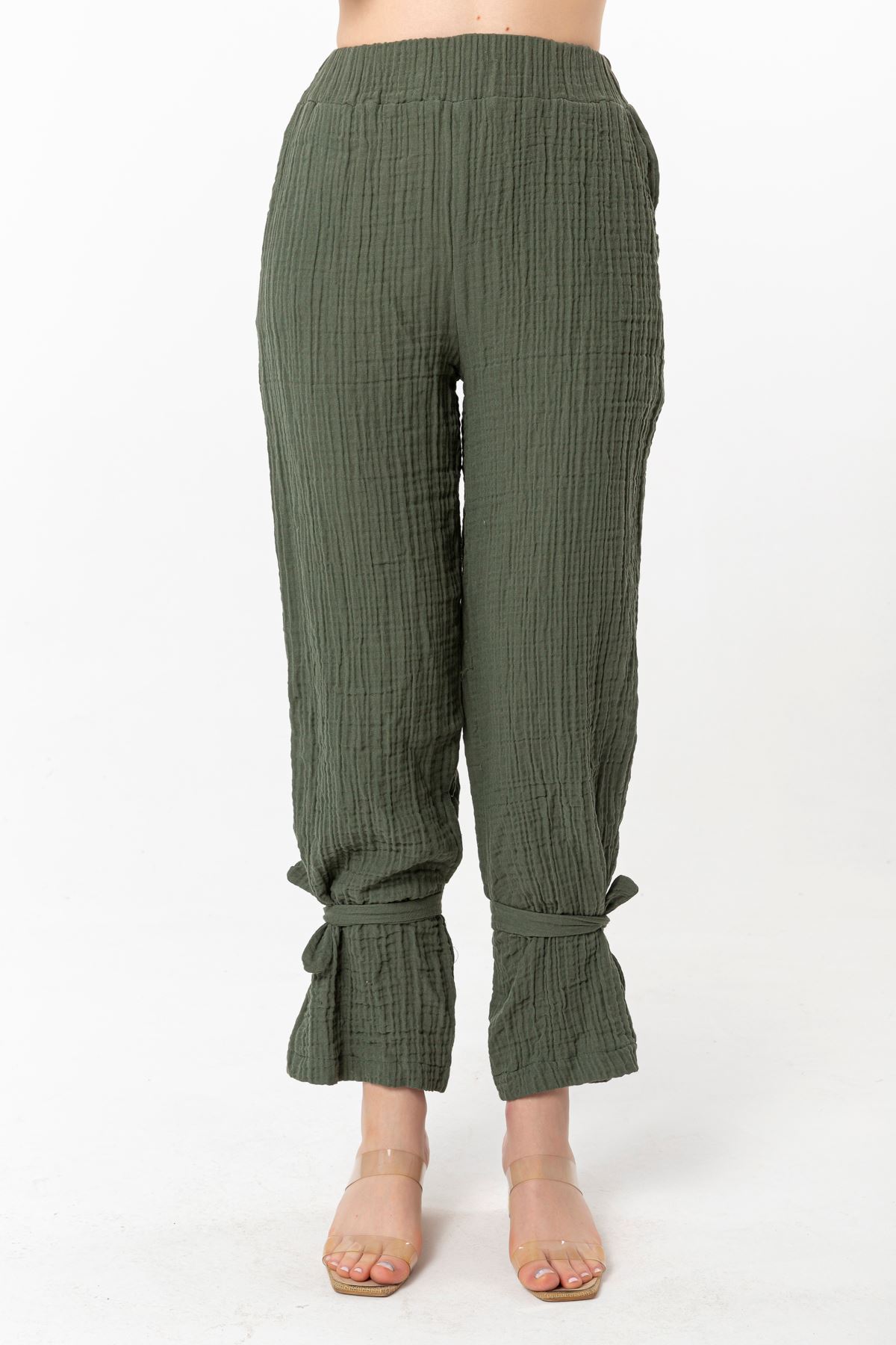 Muslin Fabric Comfy Fit Crepe Hems Women'S Trouser - Khaki 