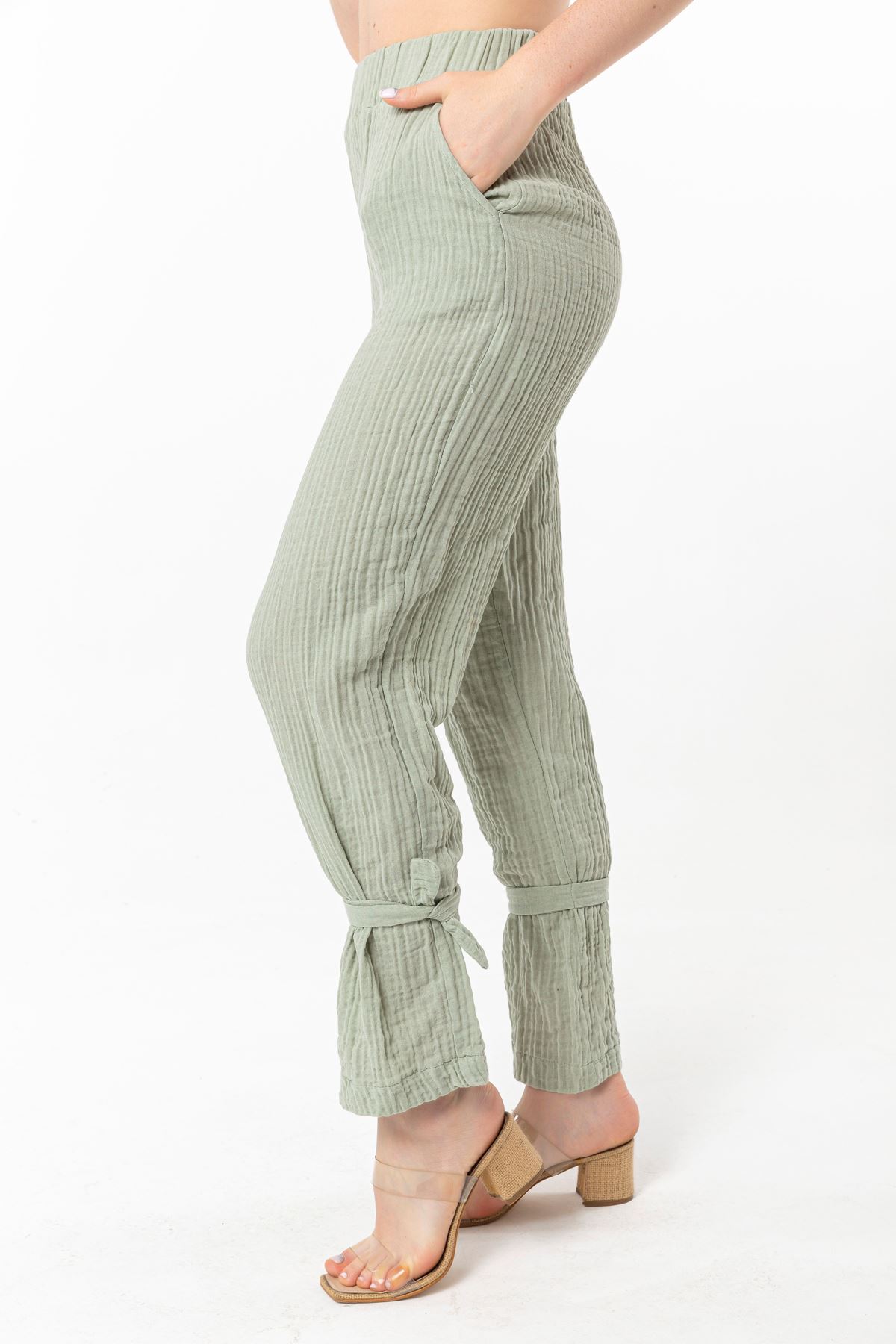 Muslin Fabric Comfy Fit Crepe Hems Women'S Trouser - Mint