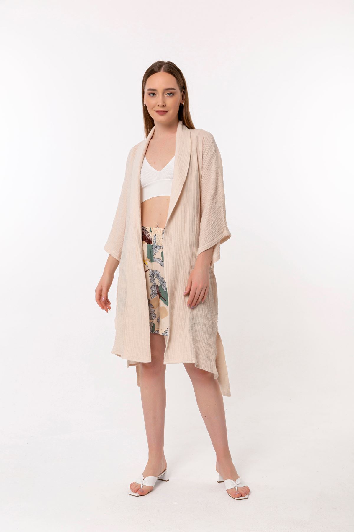 Muslin Fabric Long Sleeve Shawl Collar Below Knee Oversize Women Kimono - Beige 