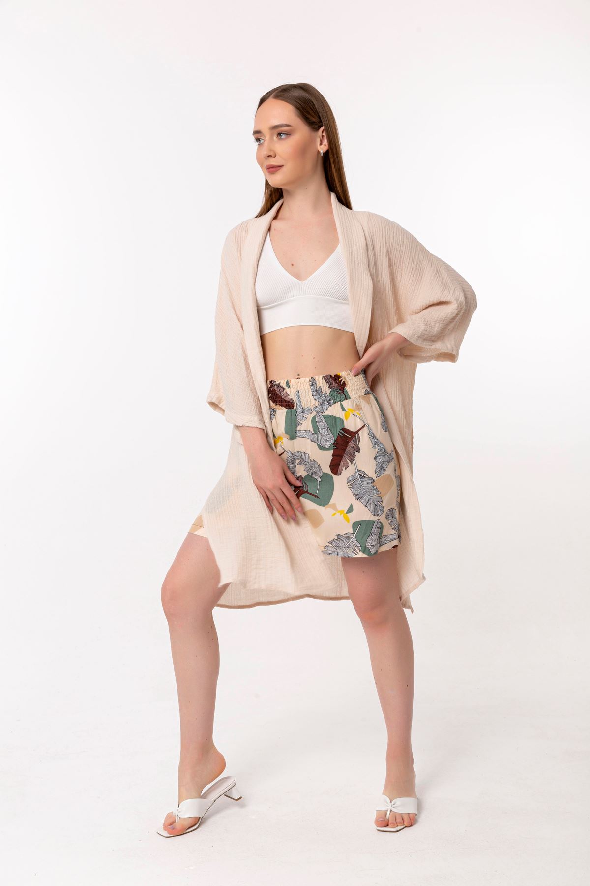 Muslin Fabric Long Sleeve Shawl Collar Below Knee Oversize Women Kimono - Beige 