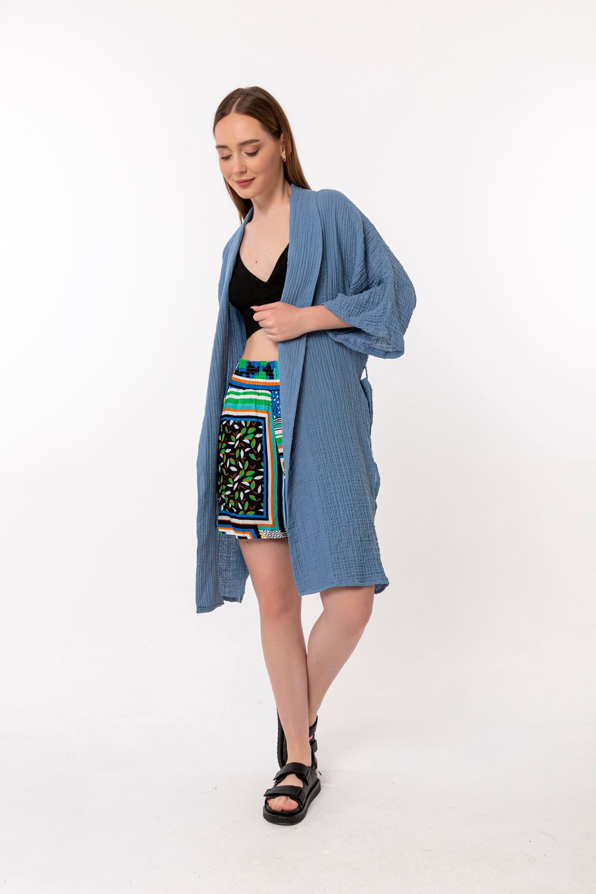Müslin Kumaş Uzun Kol Şal Yaka Diz Altı Boy Bürümcük Kadın Kimono-Mavi
