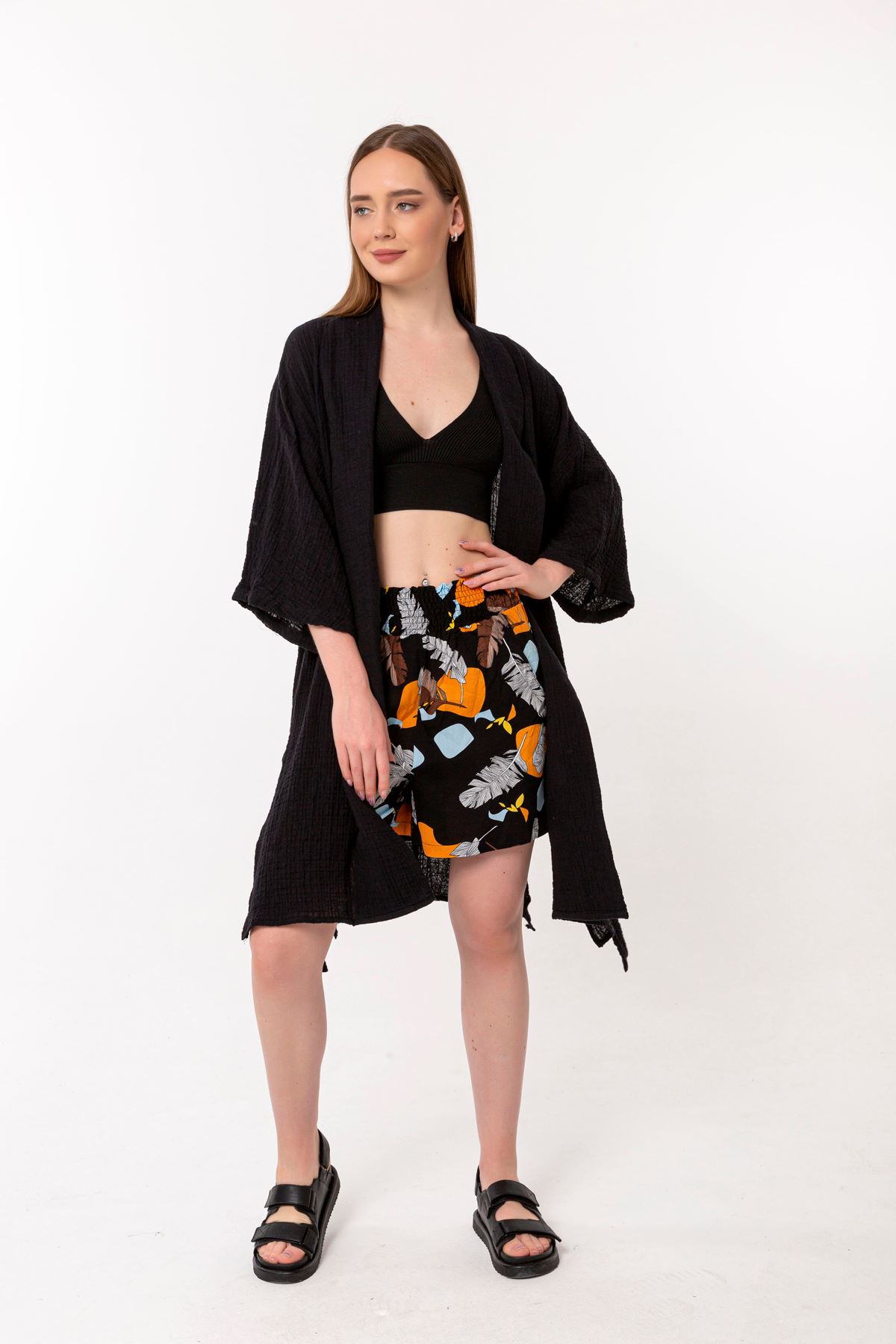 Muslin Fabric Long Sleeve Shawl Collar Below Knee Oversize Women Kimono - Black
