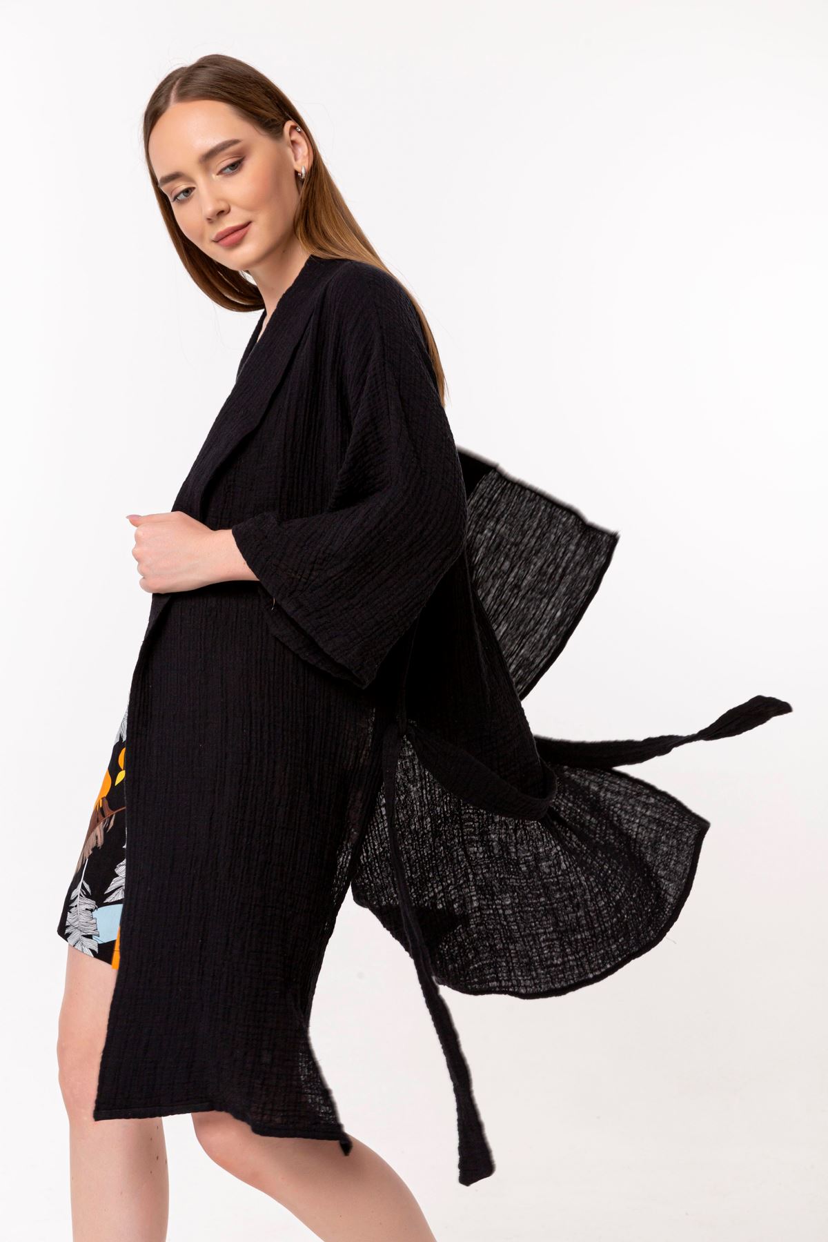 Muslin Fabric Long Sleeve Shawl Collar Below Knee Oversize Women Kimono - Black