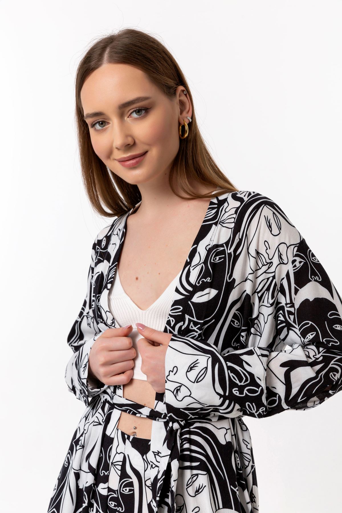 Viscose Fabric Long Sleeve Without Collar Oversize Women Kimono - Ecru