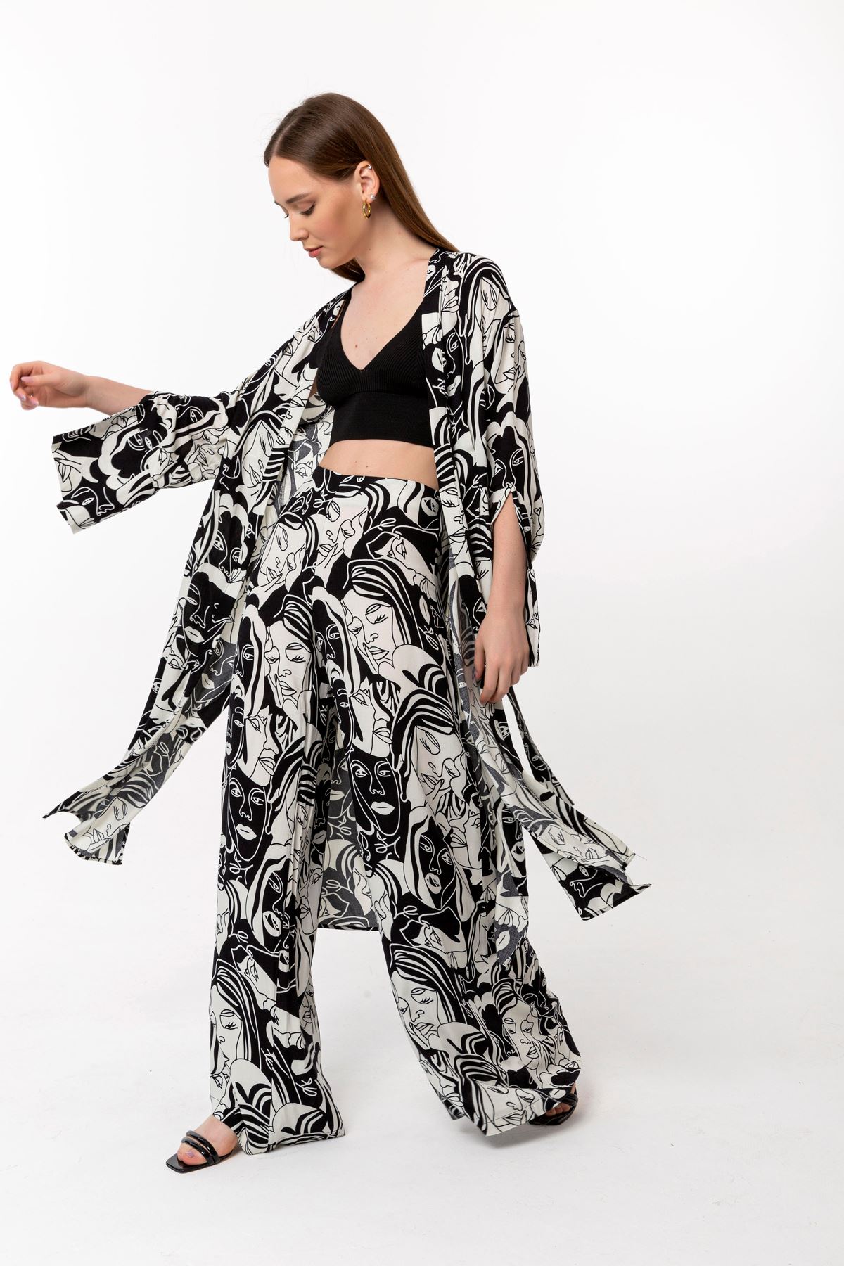Viscose Fabric Long Sleeve Without Collar Oversize Women Kimono - Black