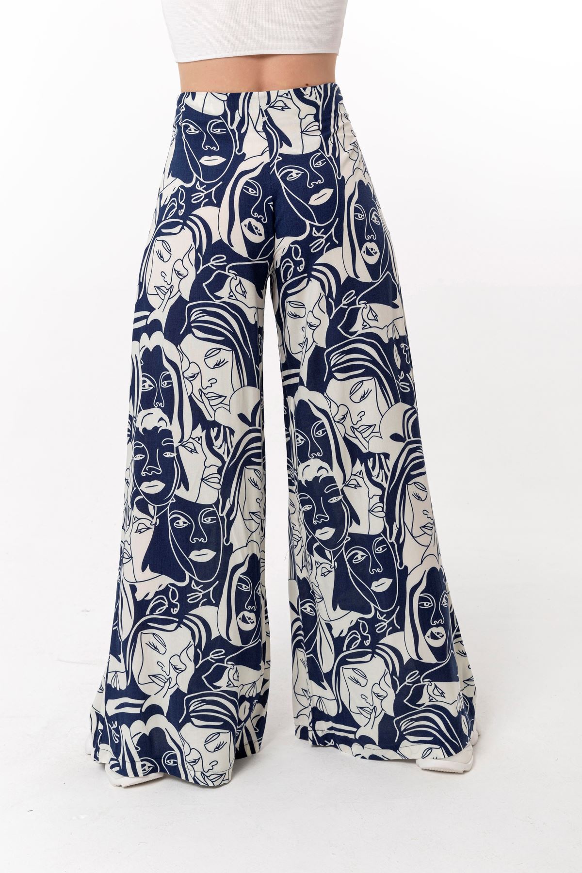Viscose Fabric Long Wide Face Print Wide Leg Women'S Trouser - Navy Blue 