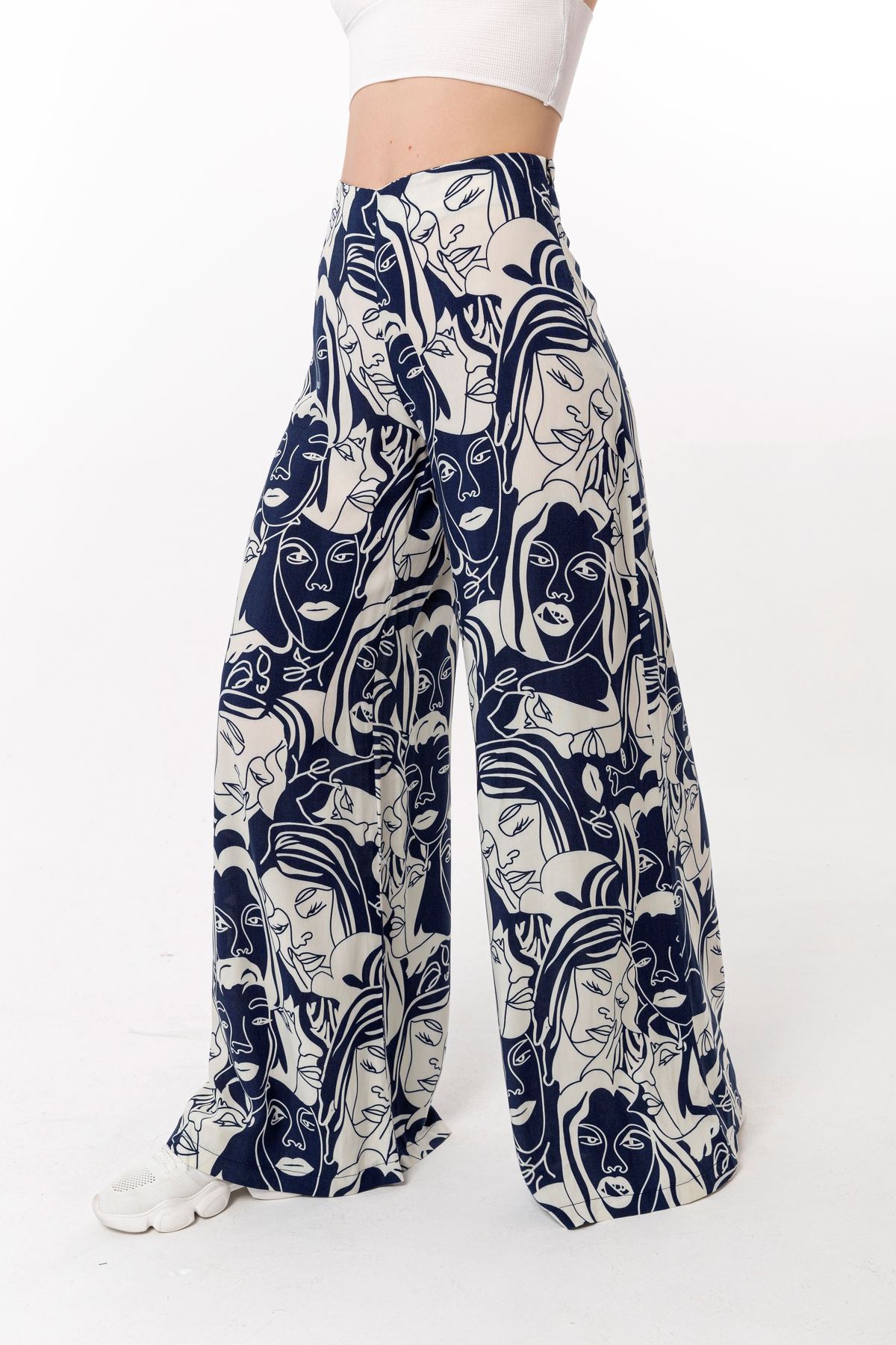 Viscose Fabric Long Wide Face Print Wide Leg Women'S Trouser - Navy Blue 