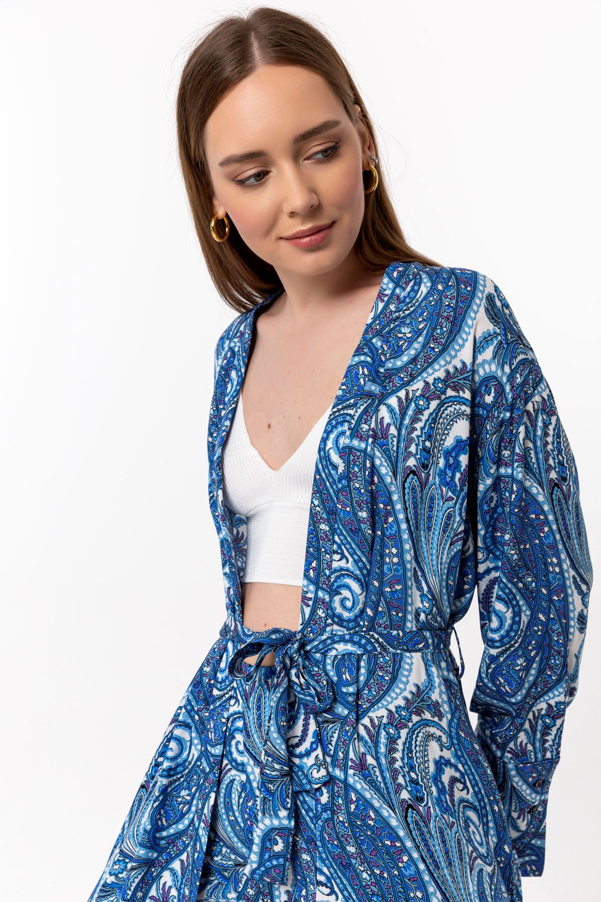 Viscose Fabric Long Sleeve Without Collar Wide Ethnic Print Women Kimono - Blue