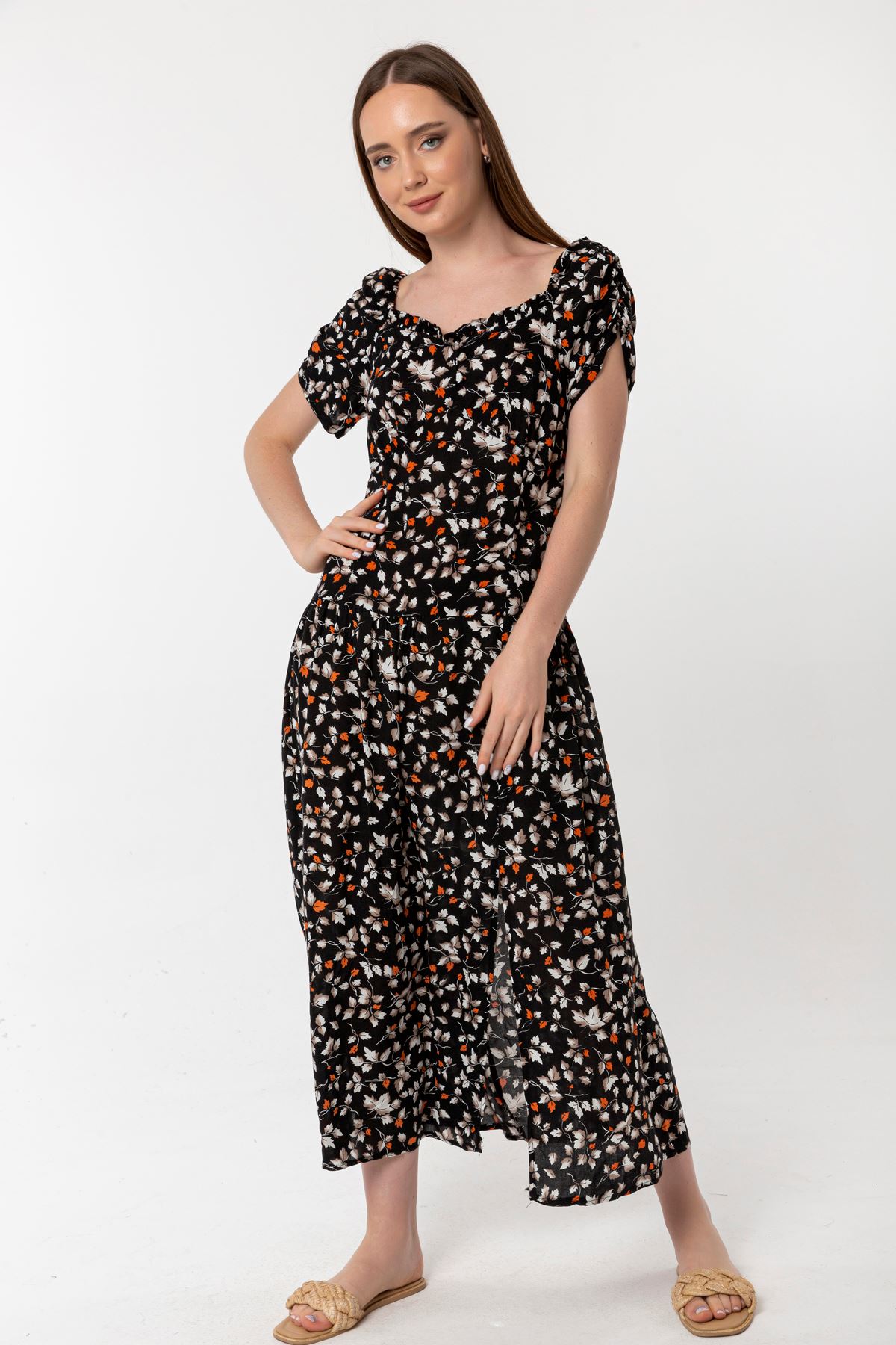 Short Sleeve Square Neck Midi Shirred Flower Print Women Dress - Black