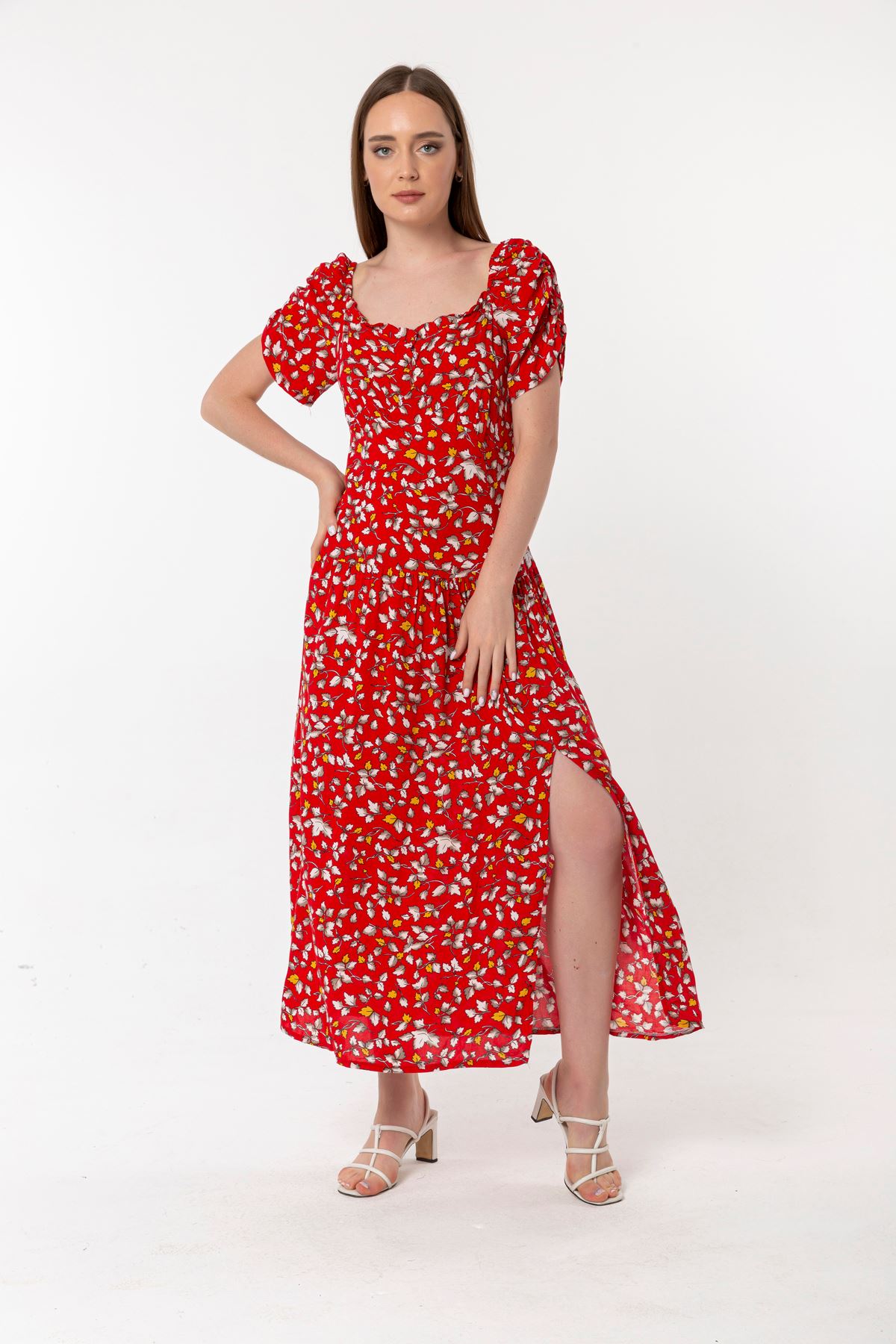 Short Sleeve Square Neck Midi Shirred Flower Print Women Dress - Red