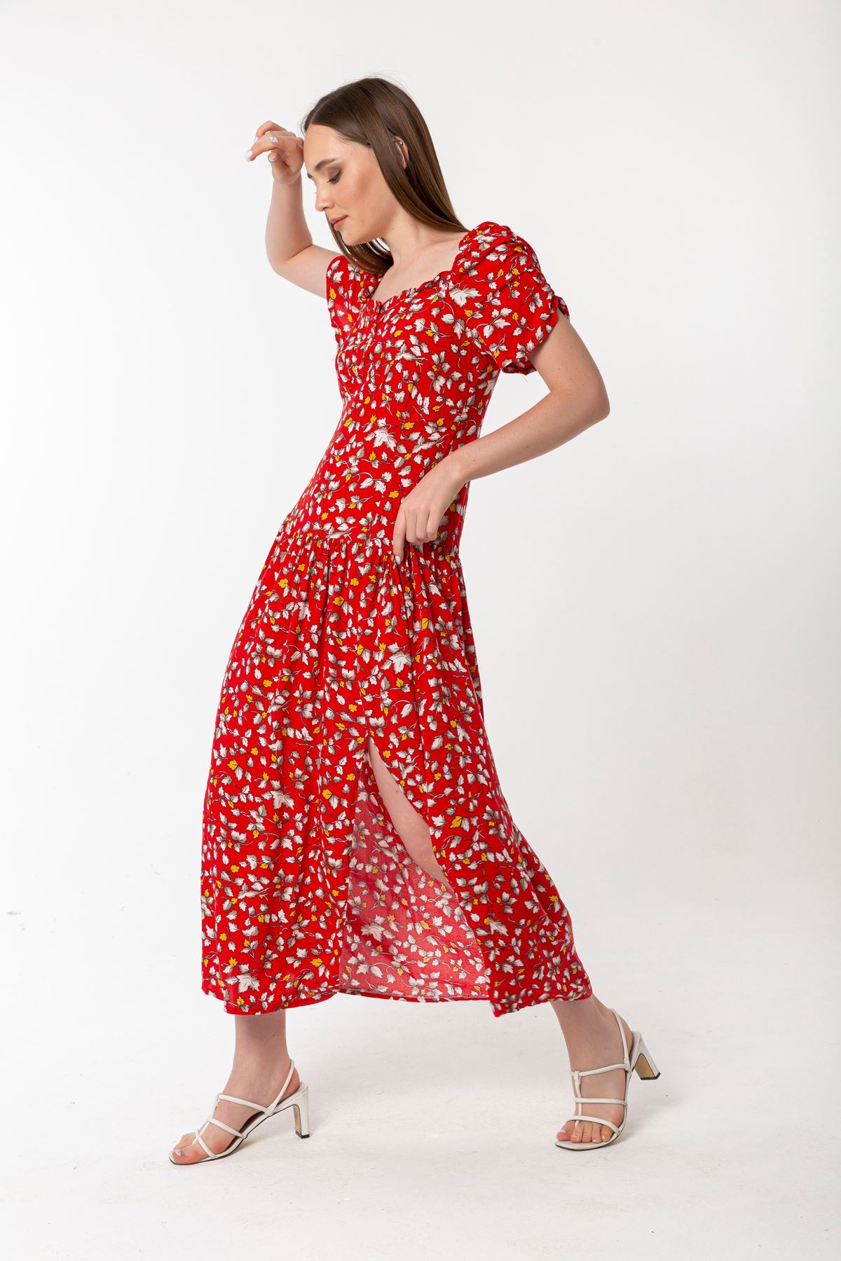 فستان نسائي قماش استيعاب ذراع قصير طوق مربع ميدي قالب مريح نمط زهرة - أحمر