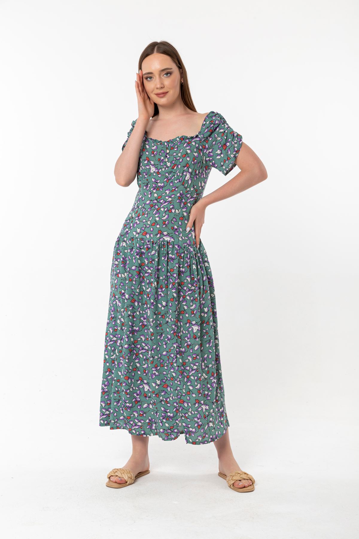 Empirme Kumaş Kare Yaka Çiçek Desen Büzgü Detay Kadın Elbise-Mint