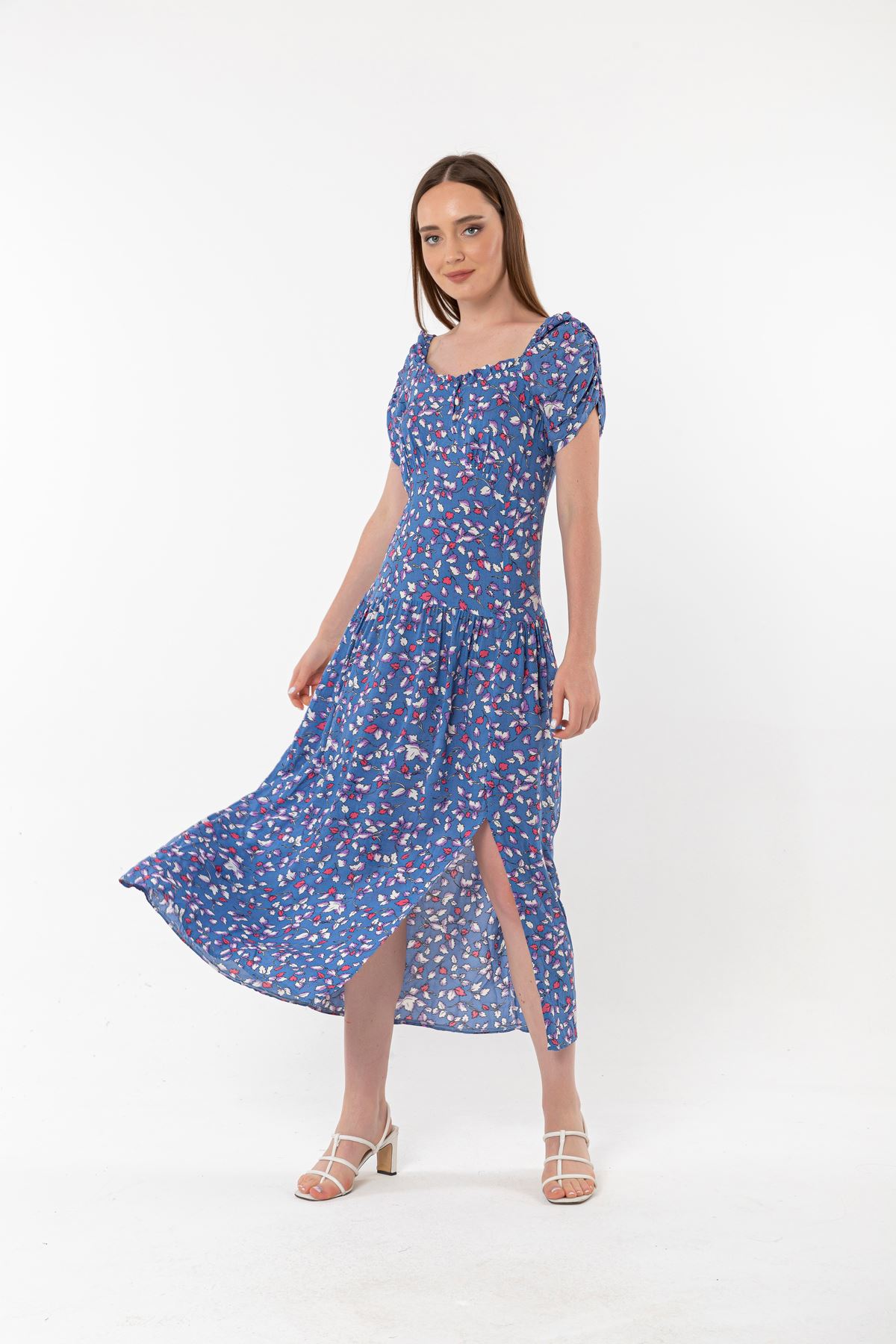 Empirme Kumaş Kare Yaka Çiçek Desen Büzgü Detay Kadın Elbise-Mavi