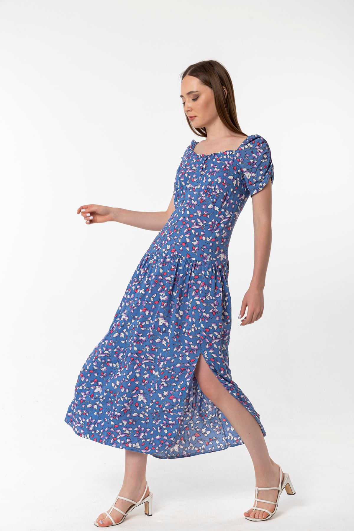Empirme Kumaş Kare Yaka Çiçek Desen Büzgü Detay Kadın Elbise-Mavi