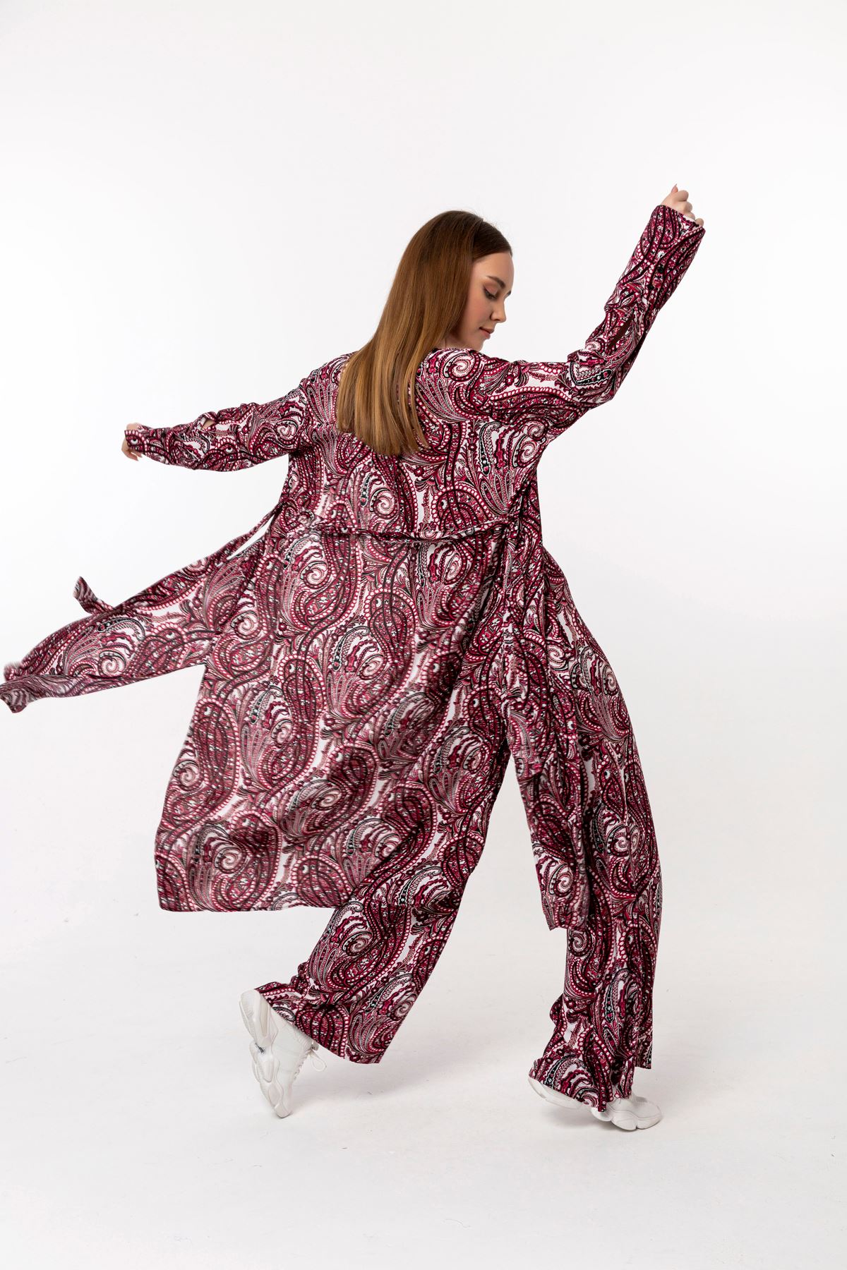Viscose Fabric Long Sleeve Without Collar Wide Ethnic Print Women Kimono - Pink