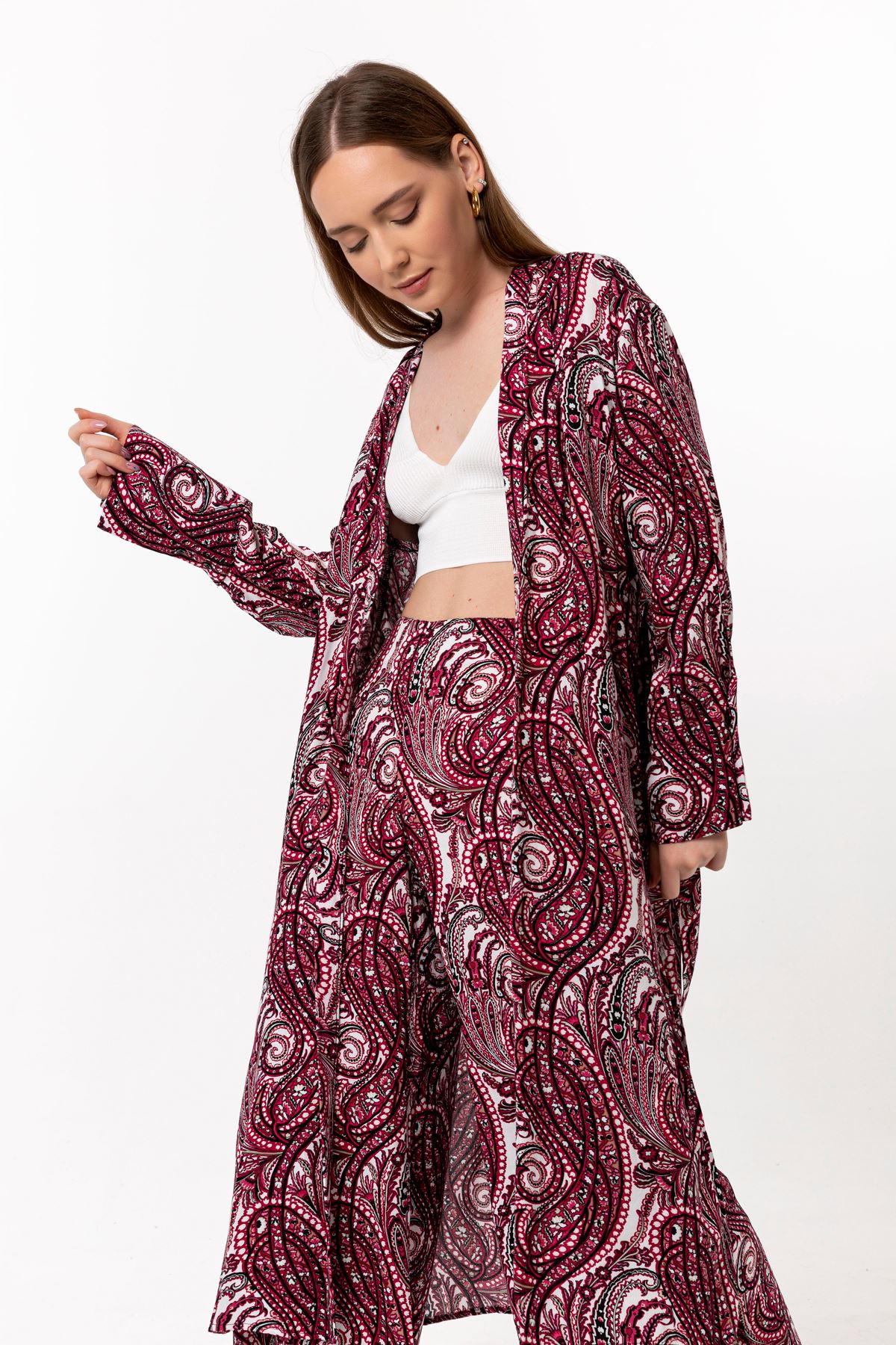 Viscose Fabric Long Sleeve Without Collar Wide Ethnic Print Women Kimono - Pink
