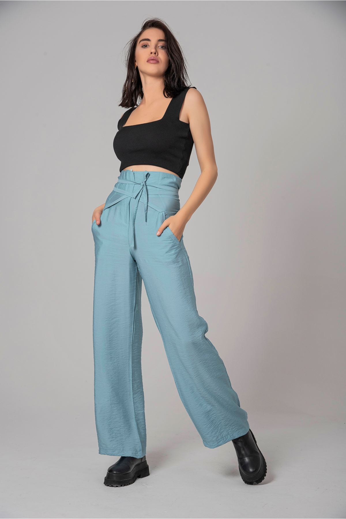 Bodrum Fabric Wide Fit Wide Leg Women'S Trouser - Light Blue
