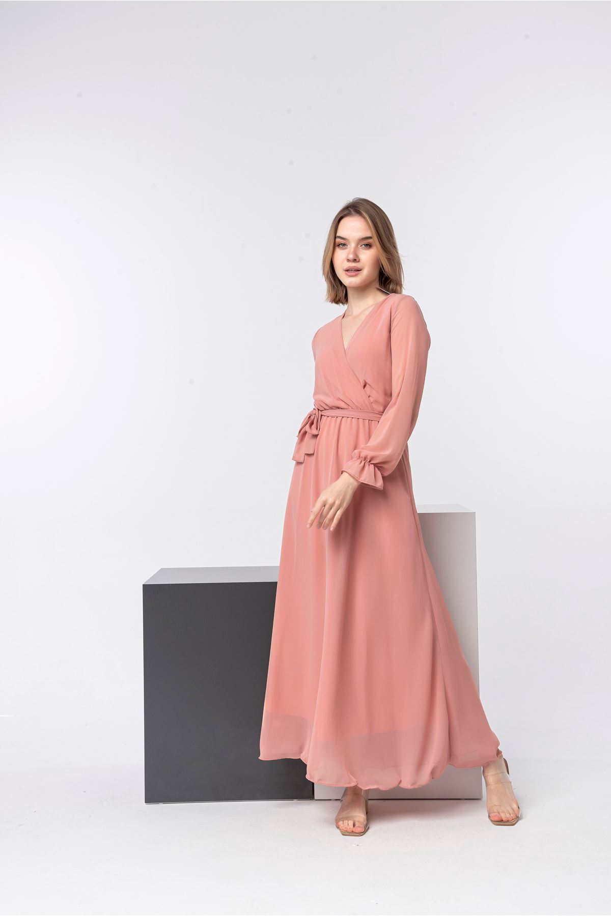 шифон ткань длинный рукав V-образный вырез длинный женское платье - Светло розовый