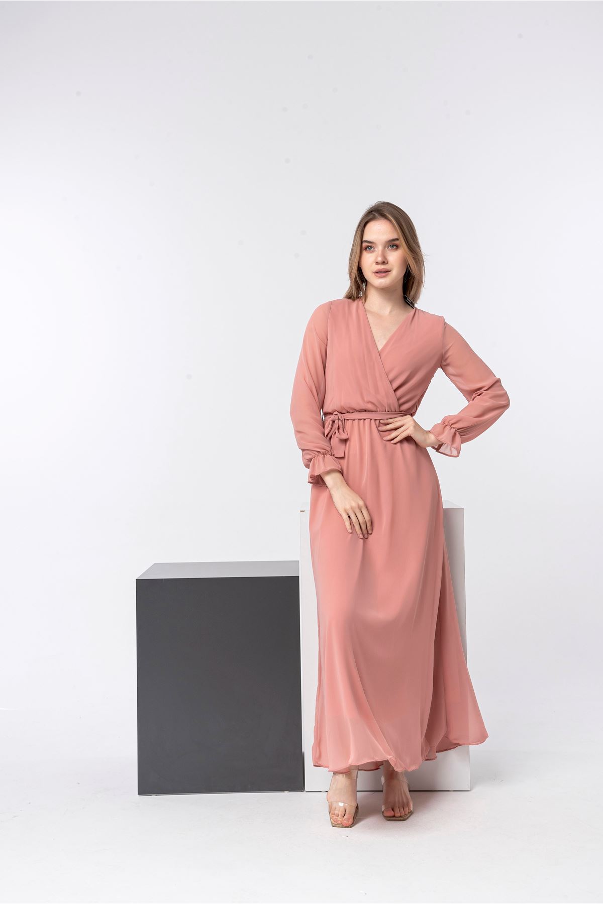 шифон ткань длинный рукав V-образный вырез длинный женское платье - Светло розовый