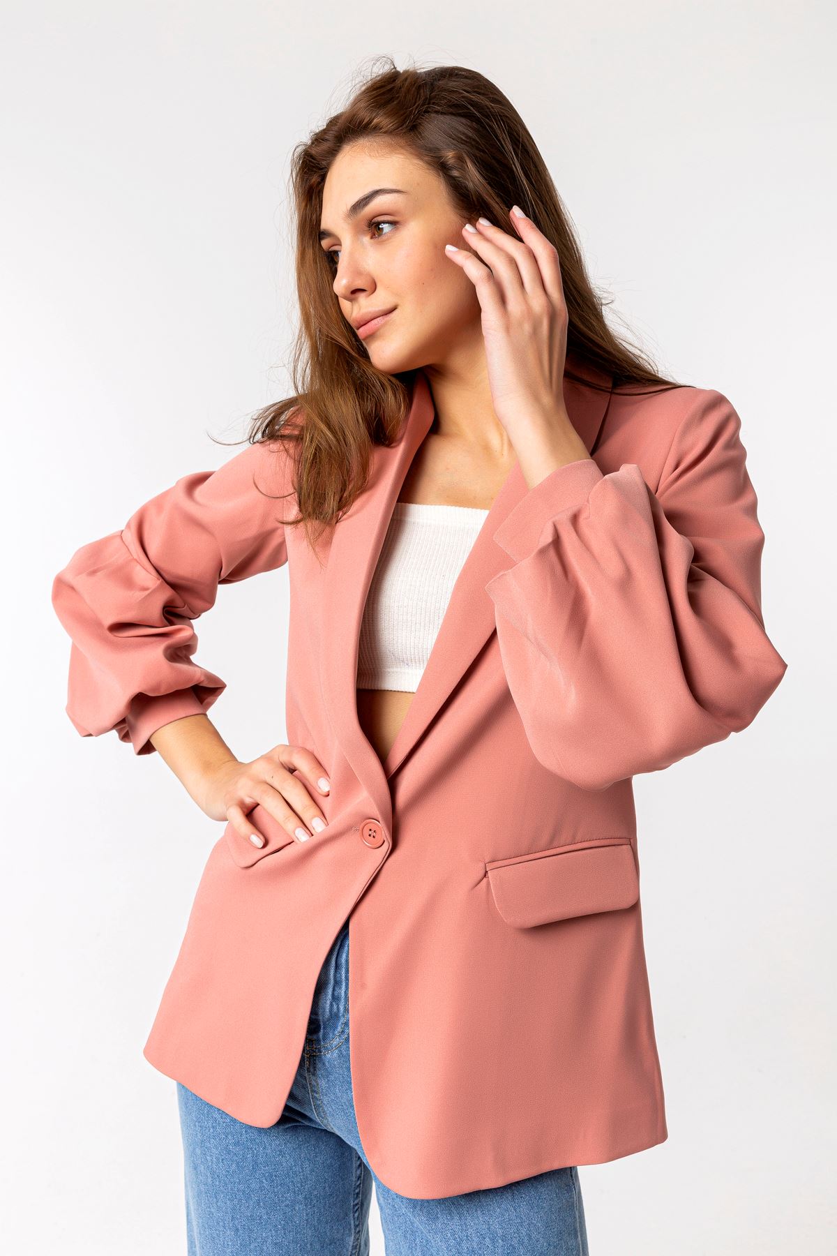 Polyester Fabric Balloon Sleeve Shawl Collar Classical Women Jacket - Light Pink