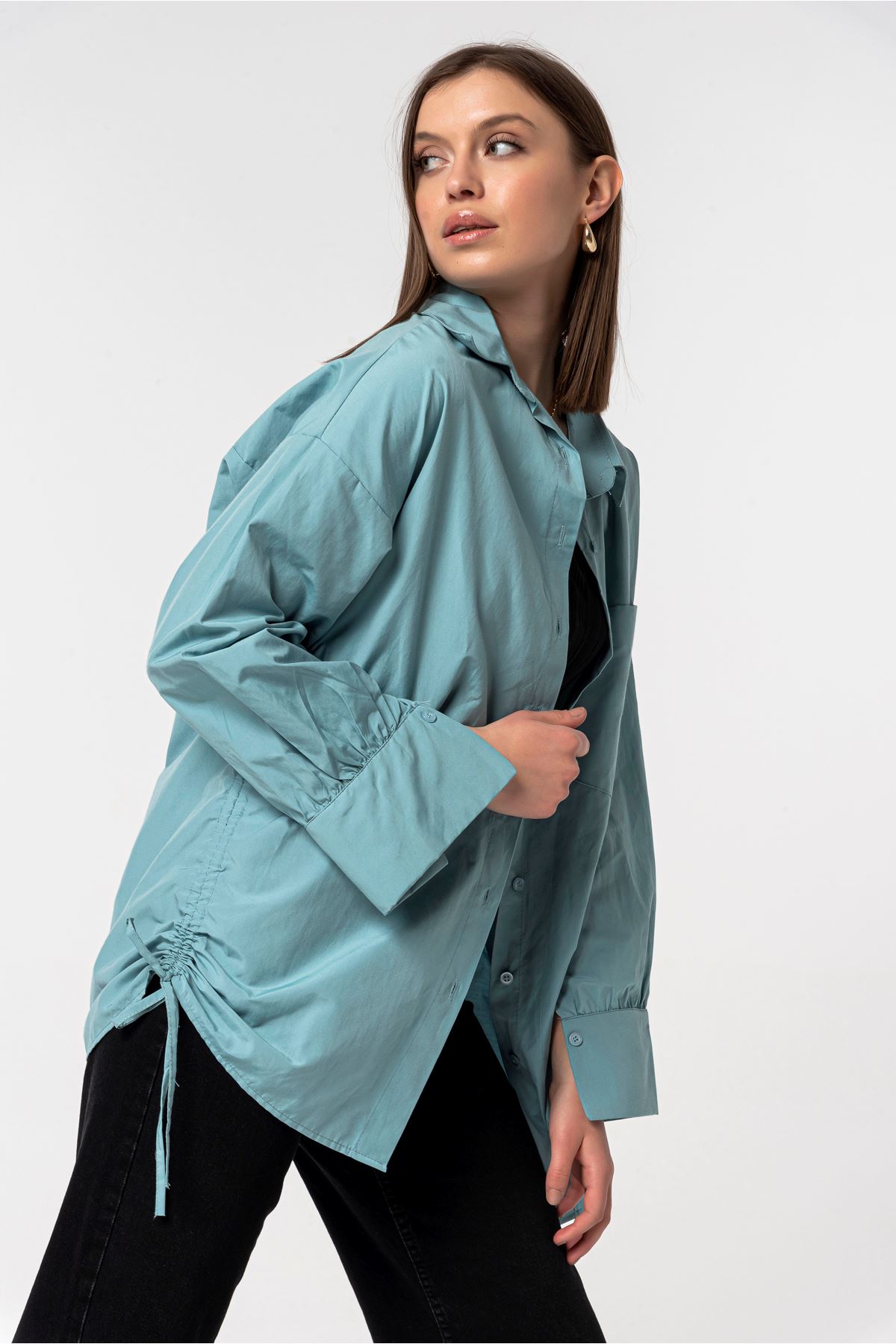 Soft Fabric Balloon Sleeve Below Hip Oversize Women'S Shirt - Mint