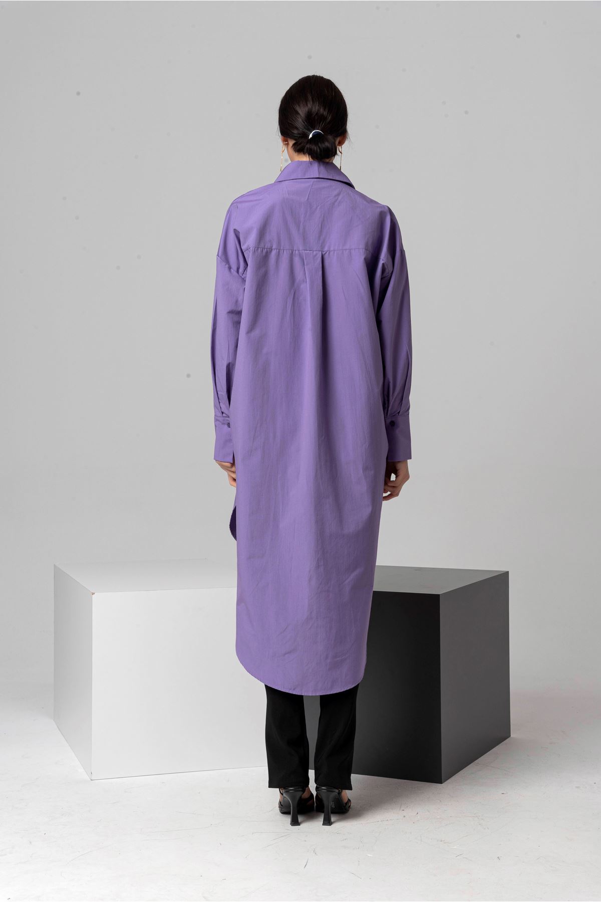 Soft Fabric Long Sleeve Midi Oversize Slit Women'S Shirt - Lilac