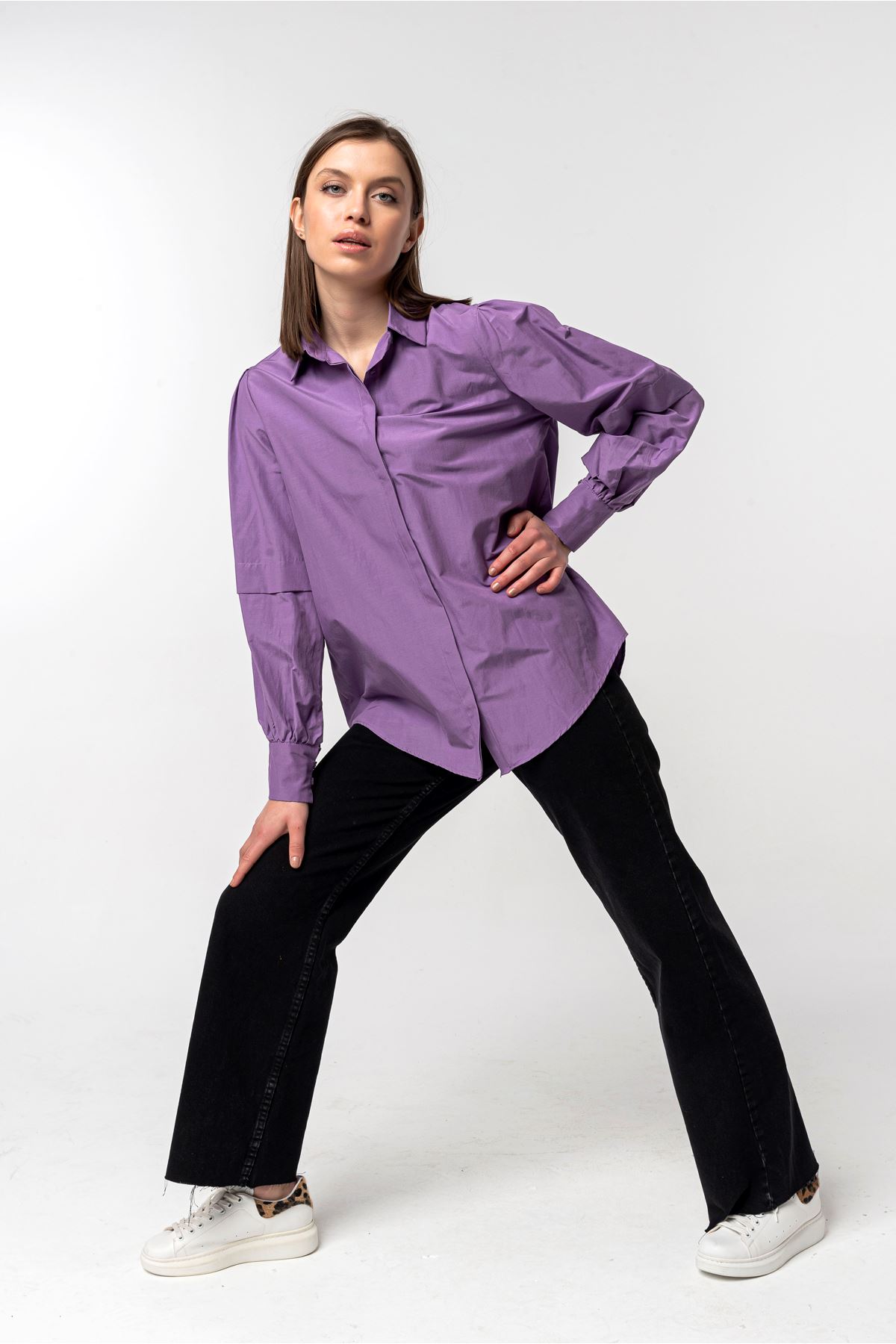 Мягкий ткань отложной воротник оверсайз / женская рубашка - Лиловый