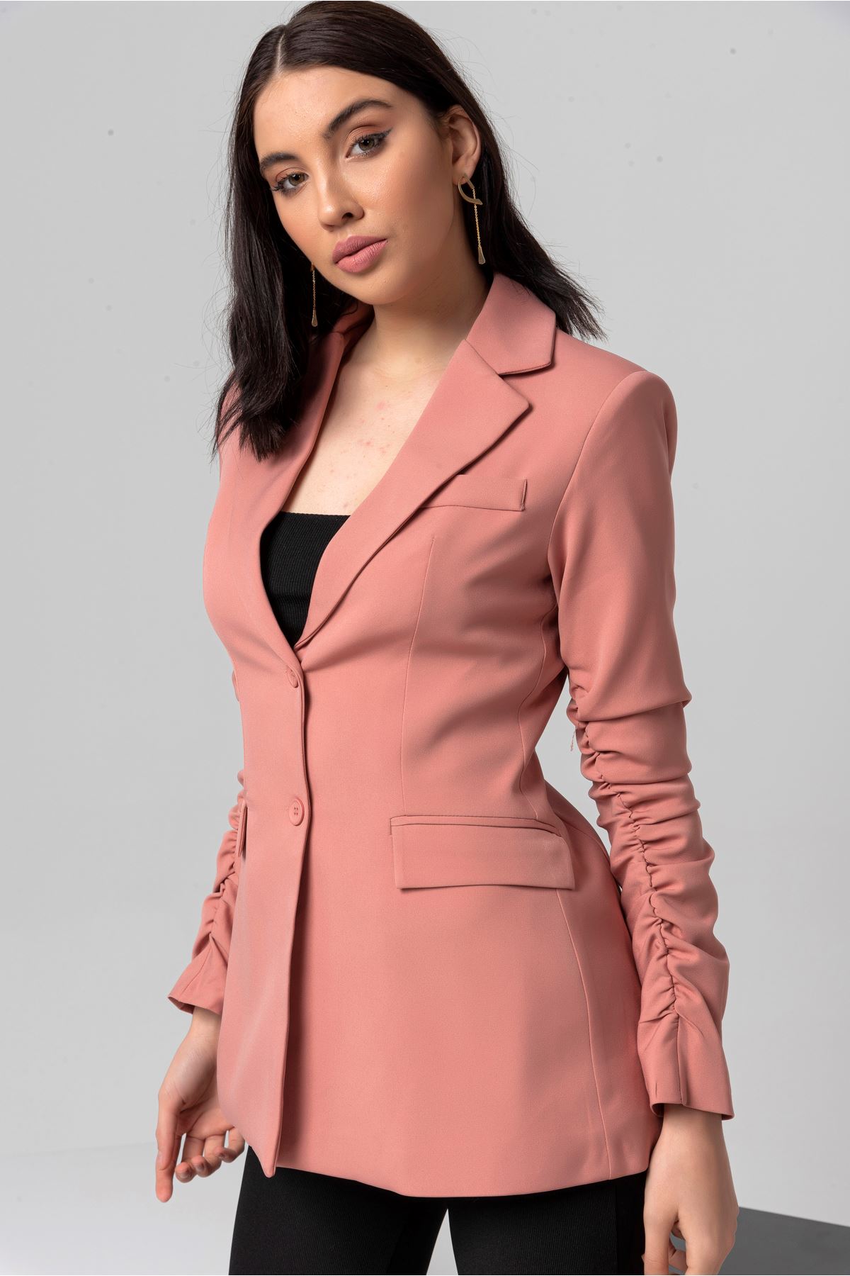 Polyester Fabric Hip Height Classical Shirred Sleeve Women Jacket - Light Pink