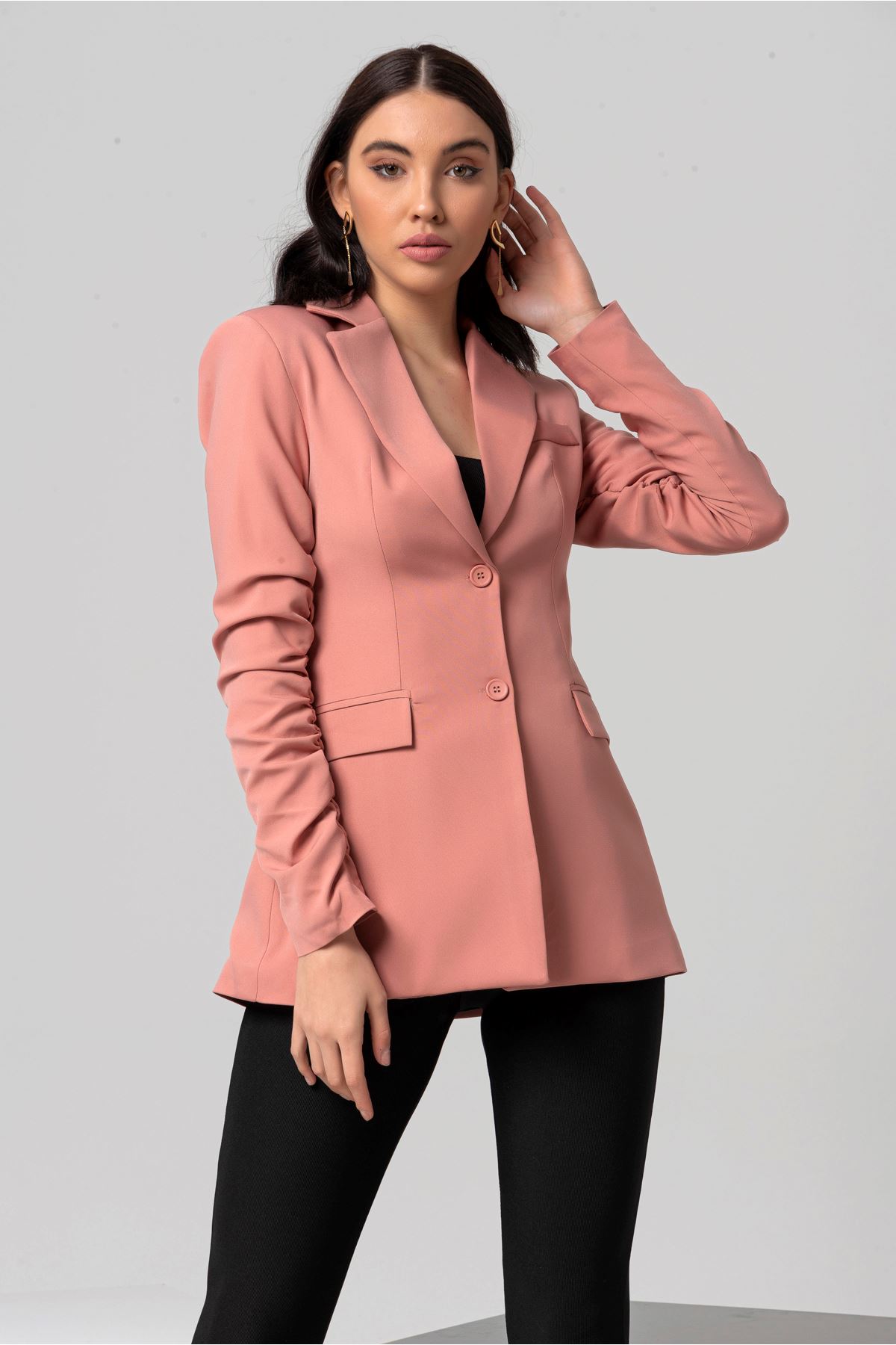 Polyester Fabric Hip Height Classical Shirred Sleeve Women Jacket - Light Pink