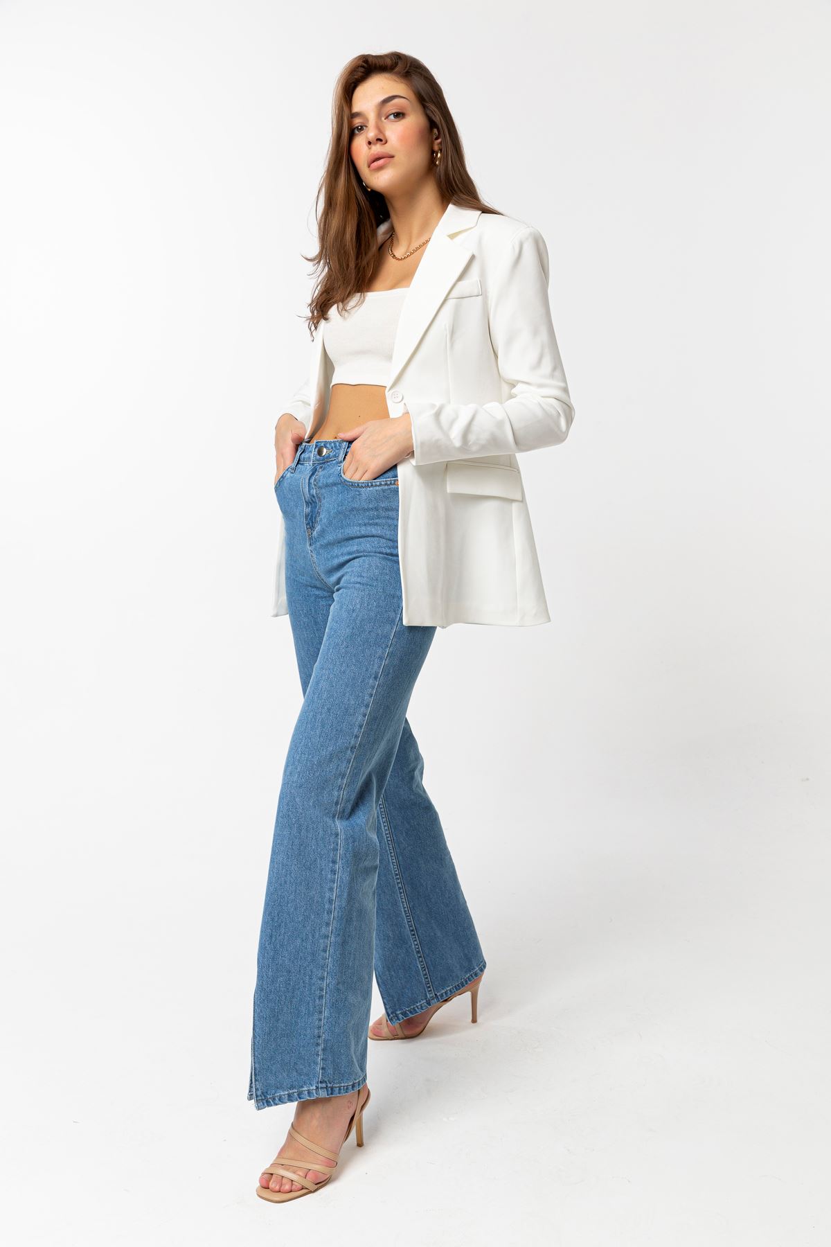 Polyester Fabric Hip Height Classical Shirred Sleeve Women Jacket - Ecru