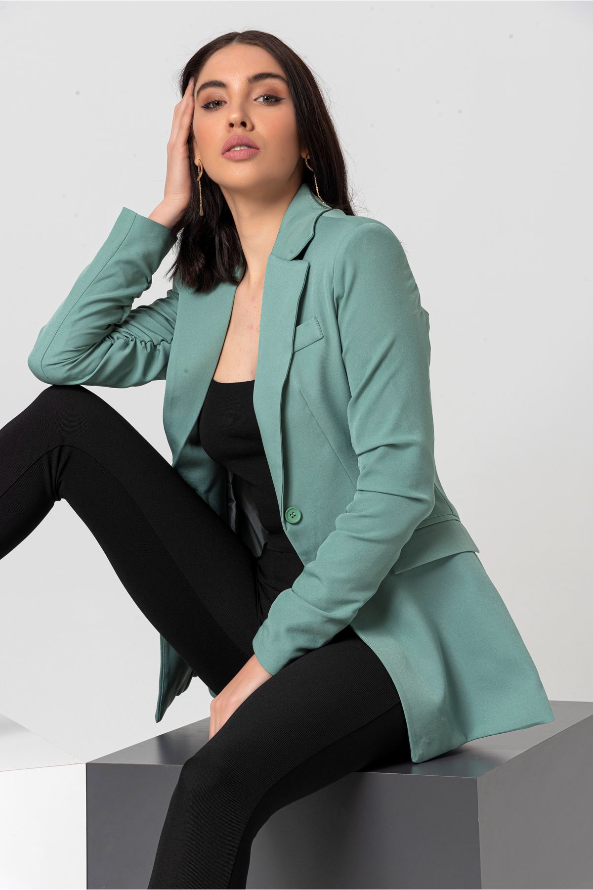 Polyester Fabric Hip Height Classical Shirred Sleeve Women Jacket - Mint