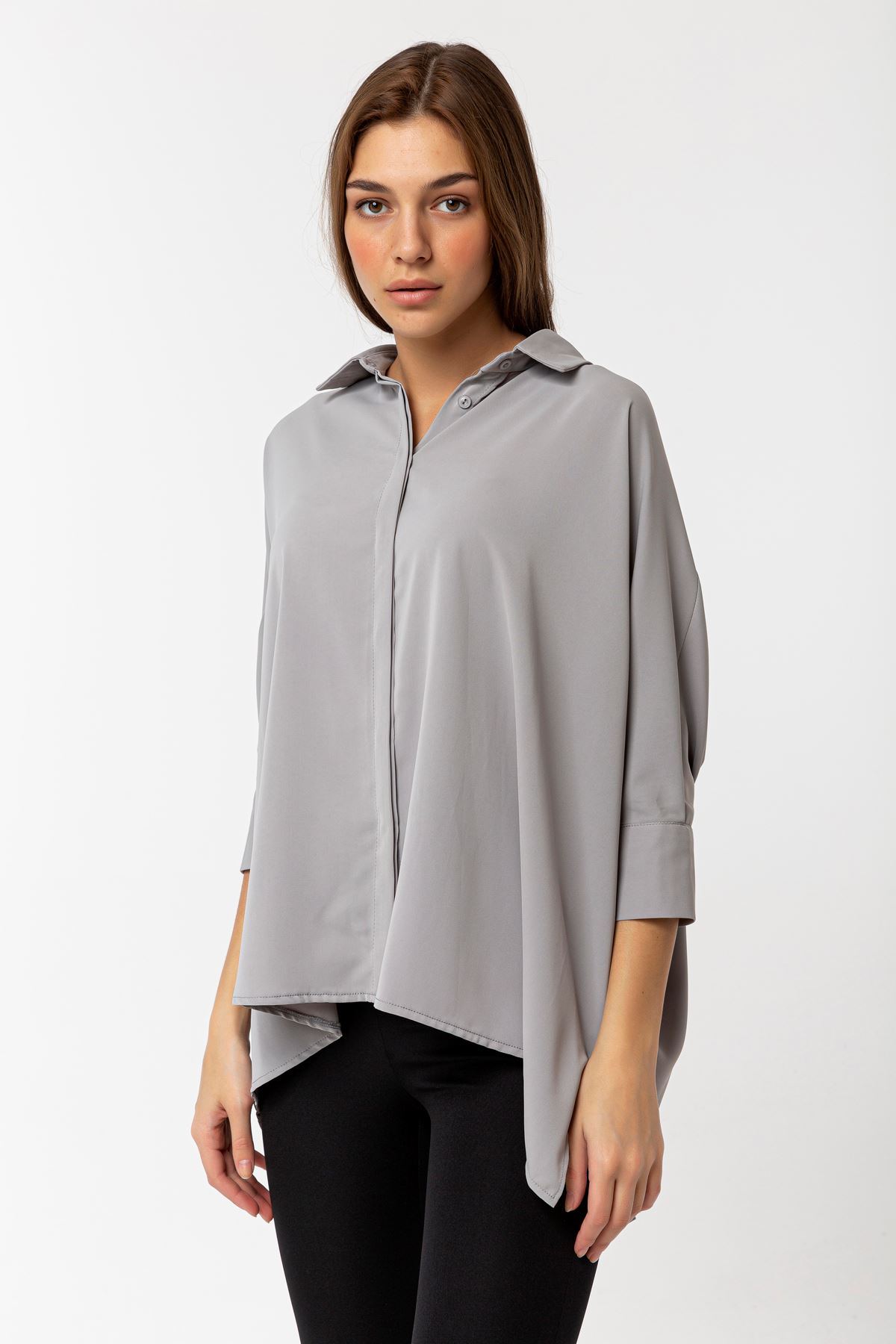 Jesica Fabric Long Sleeve Shirt Collar Oversize Women'S Shirt - Stone