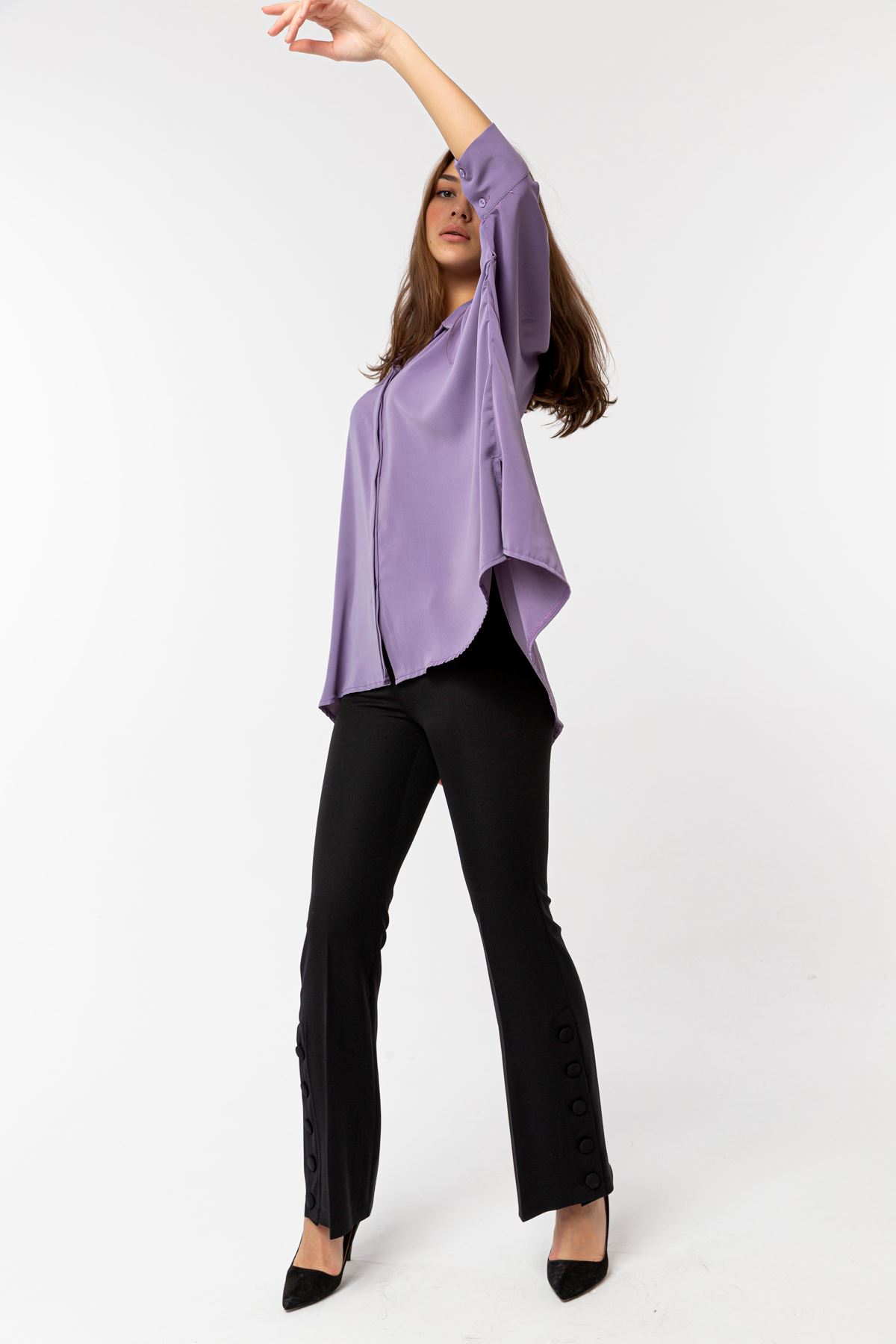Jesica Fabric Long Sleeve Shirt Collar Oversize Women'S Shirt - Lilac
