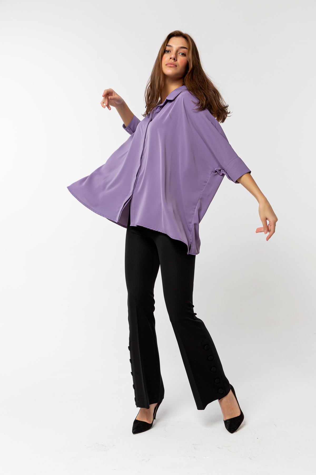 Jesica Fabric Long Sleeve Shirt Collar Oversize Women'S Shirt - Lilac