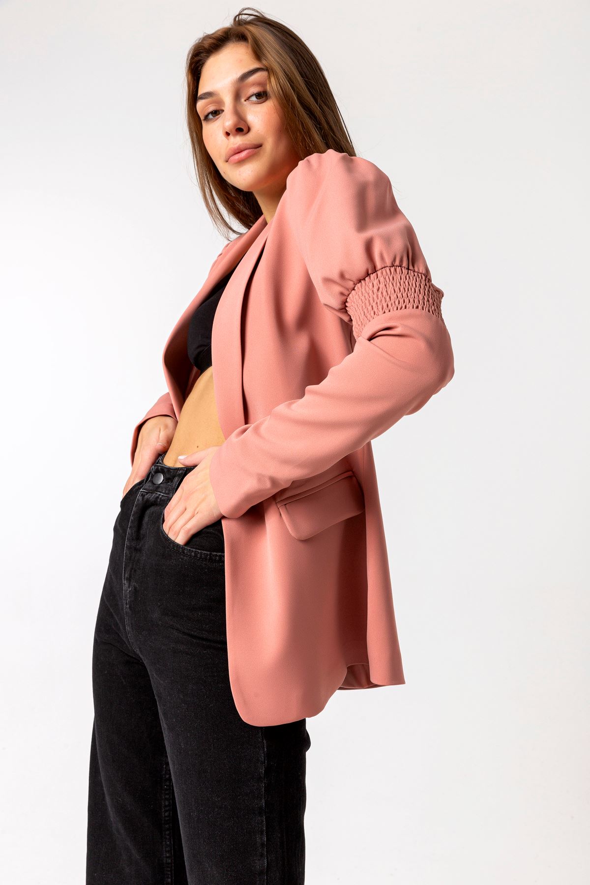 Licra Fabric Long Sleeve Revere Collar Hip Height Classical Women Jacket - Light Pink
