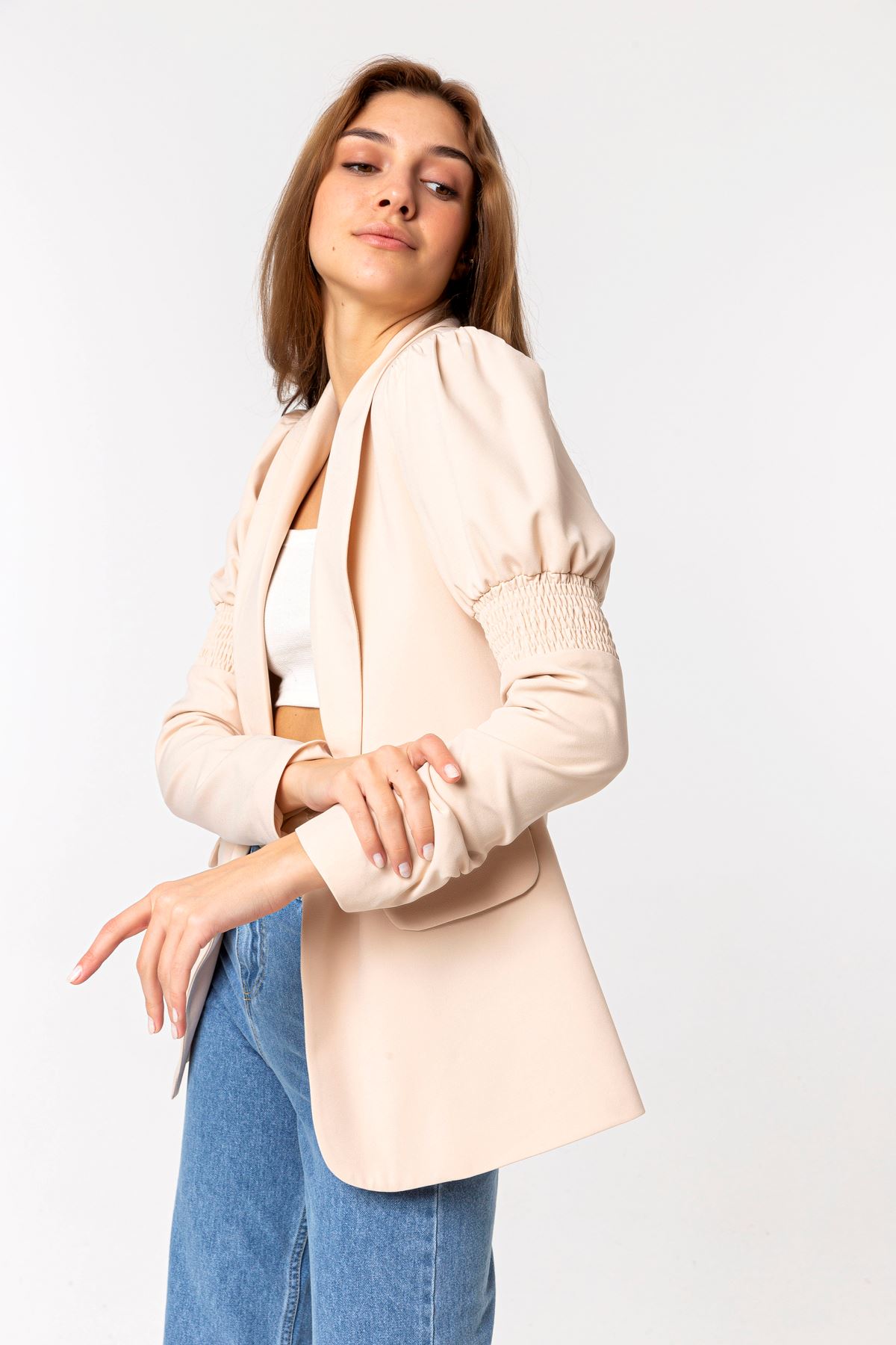 Licra Fabric Long Sleeve Revere Collar Hip Height Classical Women Jacket - Stone