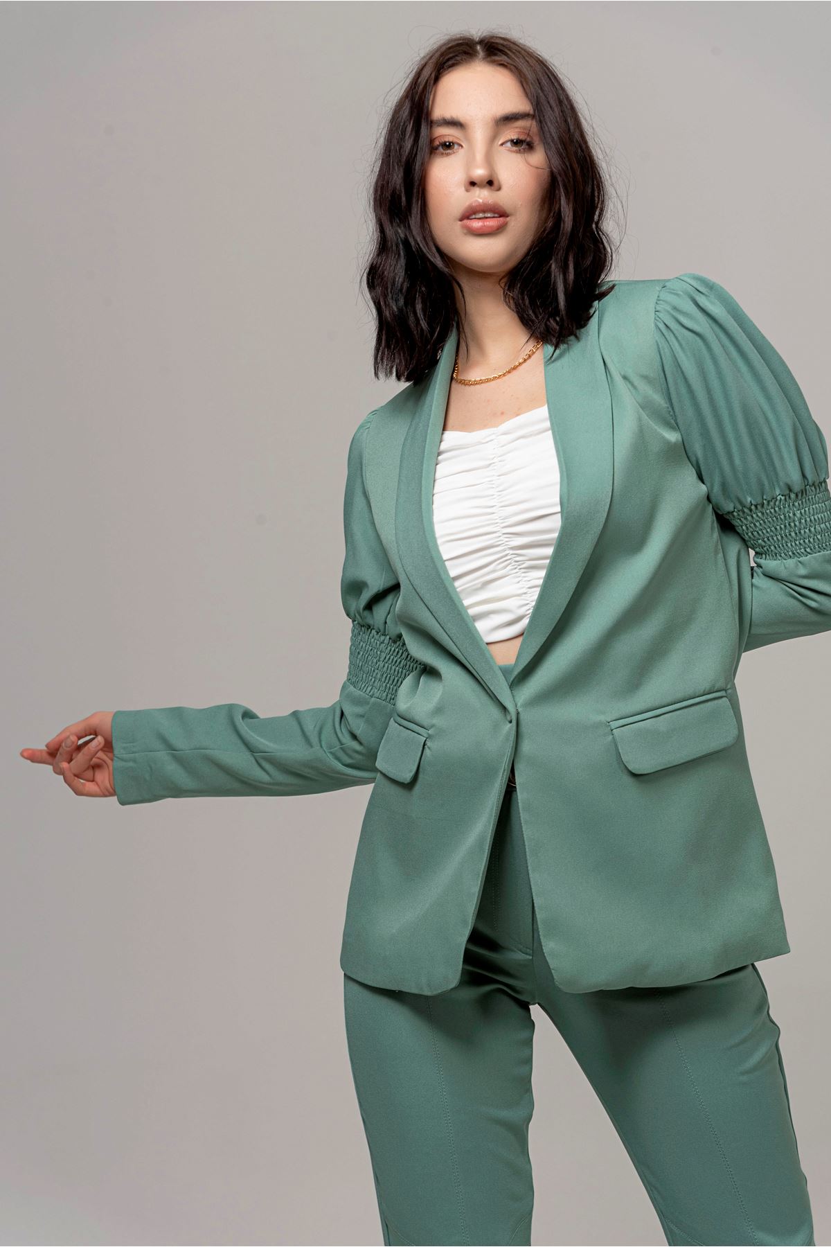 Atlas Kumaş Uzun Kollu Basen Boy Klasik Gipeli Kadın Ceket-Mint