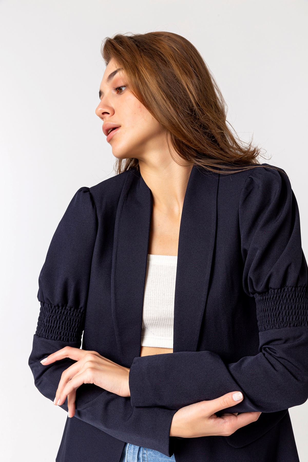 Licra Fabric Long Sleeve Revere Collar Hip Height Classical Women Jacket - Mint