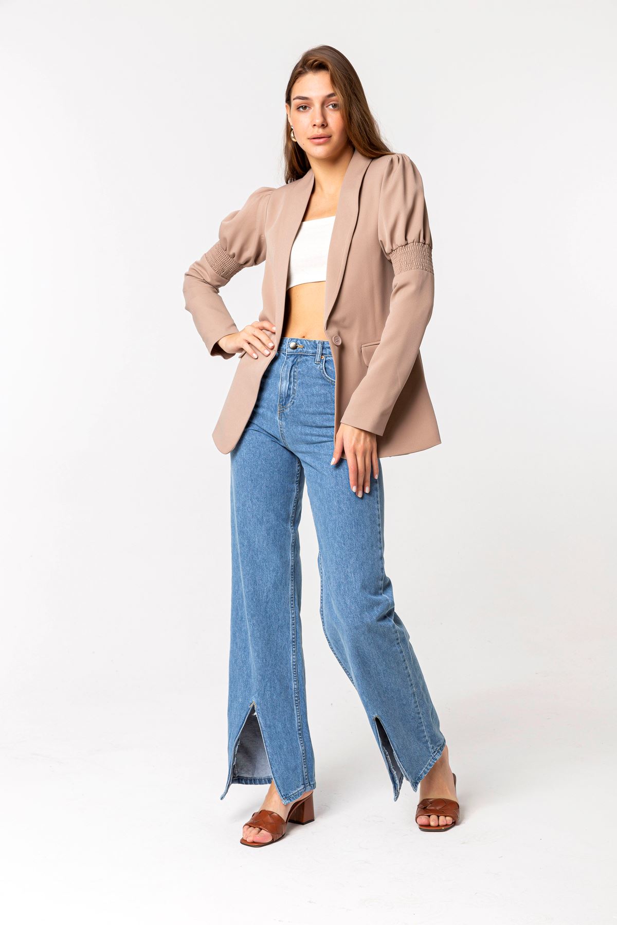Licra Fabric Long Sleeve Revere Collar Hip Height Classical Women Jacket - Chanterelle 