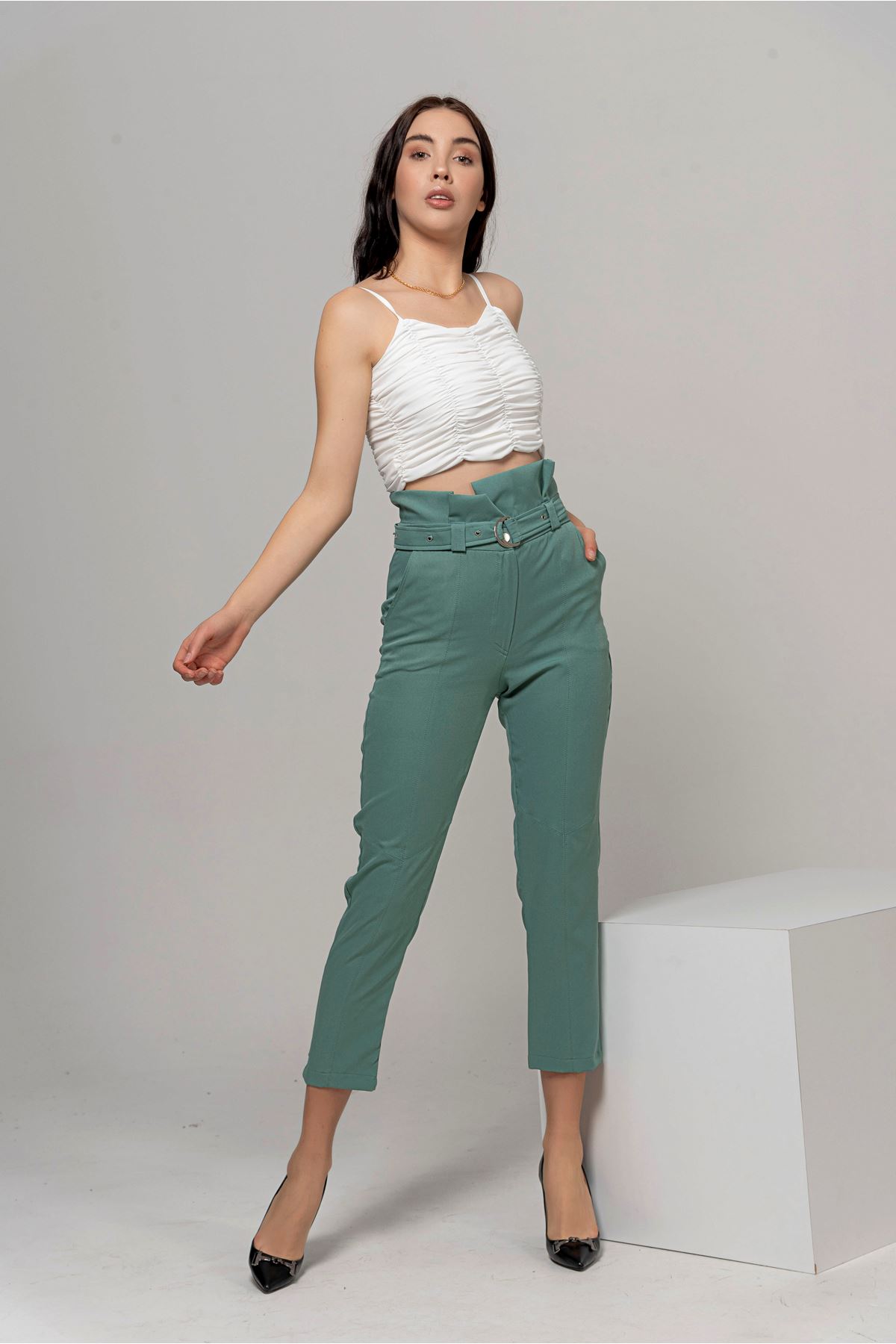 Atlas Kumaş Klasik Yüksel Bel Kadın Pantolon-Mint